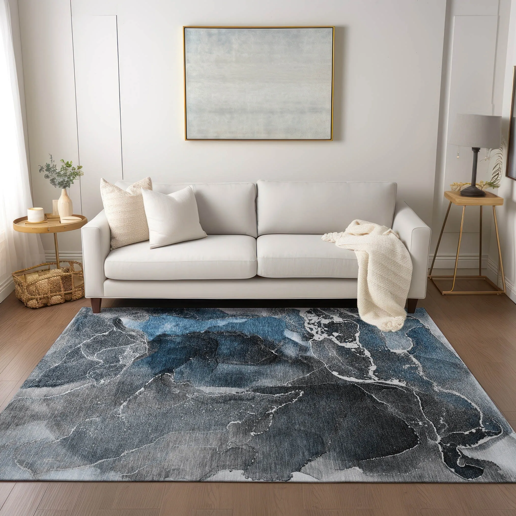 Machine Washable Indoor/ Outdoor Chantille Abstract Blue Rug