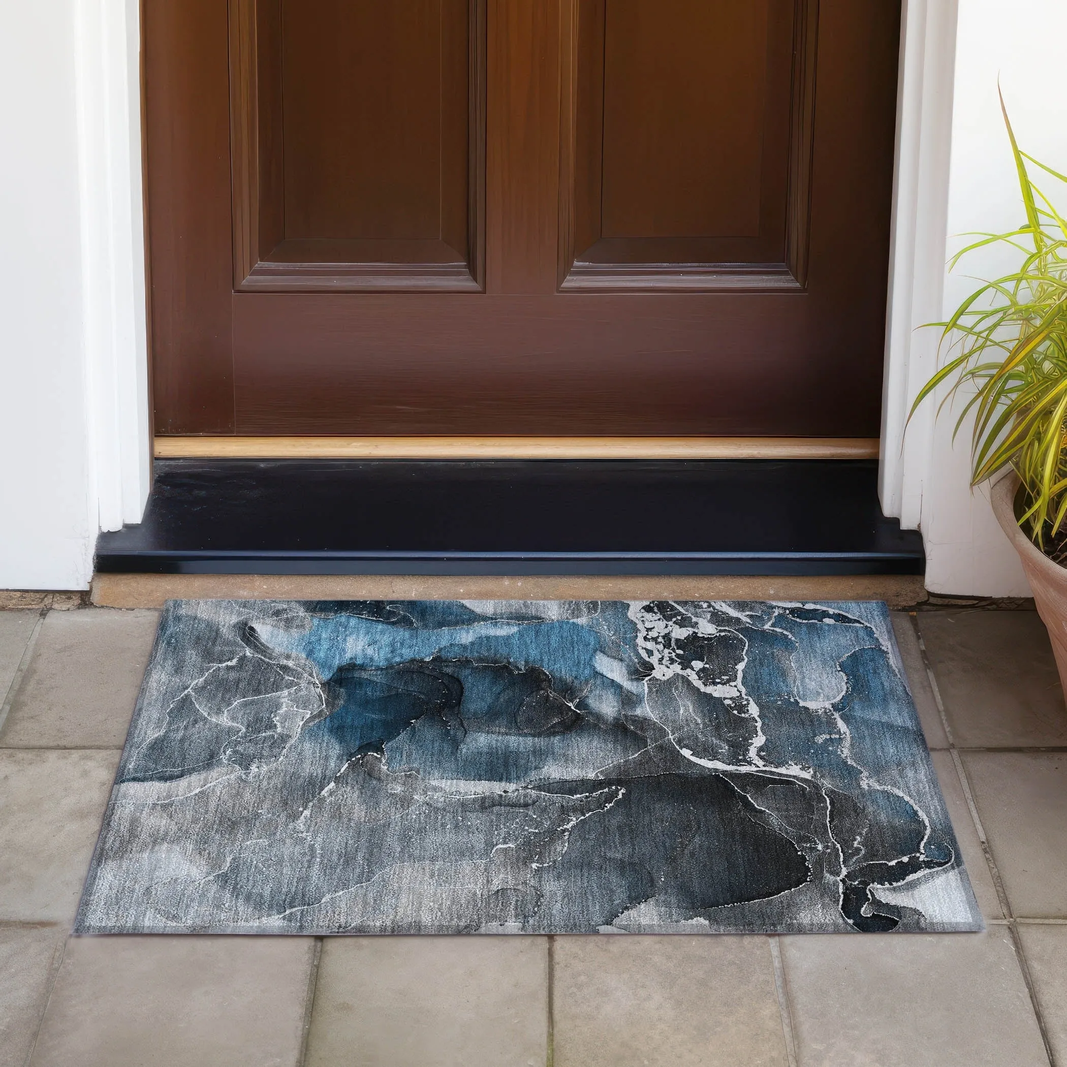 Machine Washable Indoor/ Outdoor Chantille Abstract Blue Rug