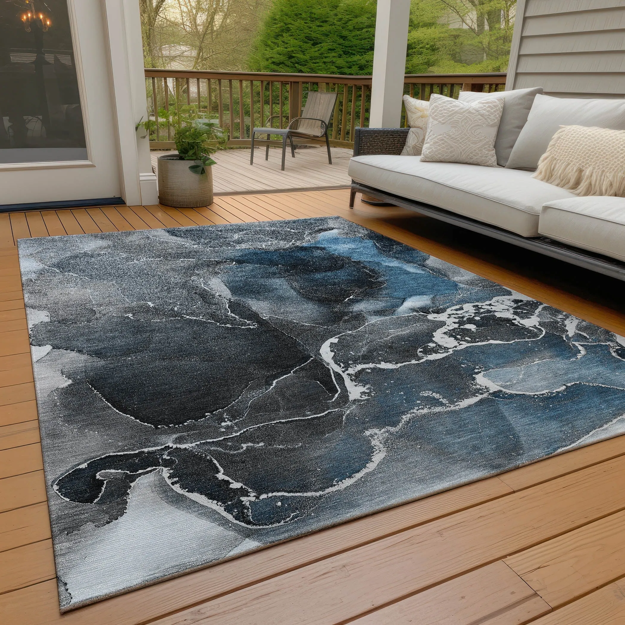Machine Washable Indoor/ Outdoor Chantille Abstract Blue Rug