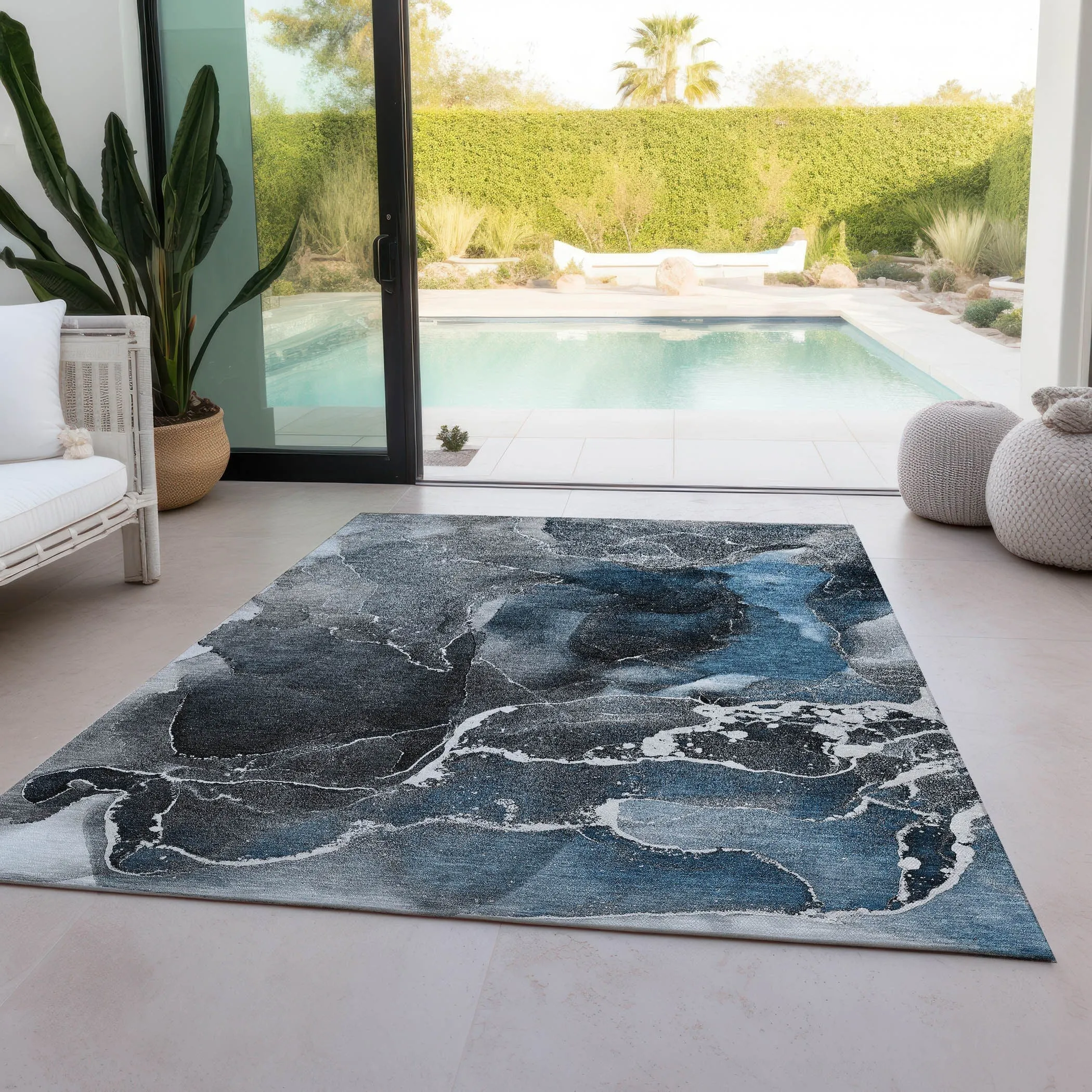 Machine Washable Indoor/ Outdoor Chantille Abstract Blue Rug