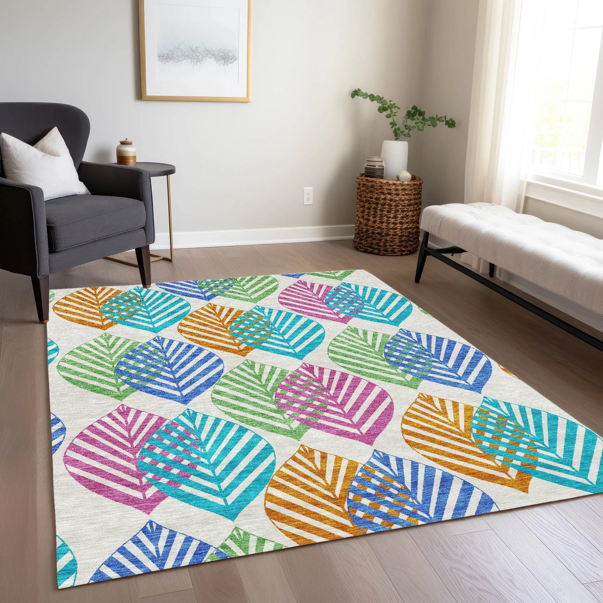 Machine Washable Indoor/ Outdoor Chantille Casual Palm Leaf Rug