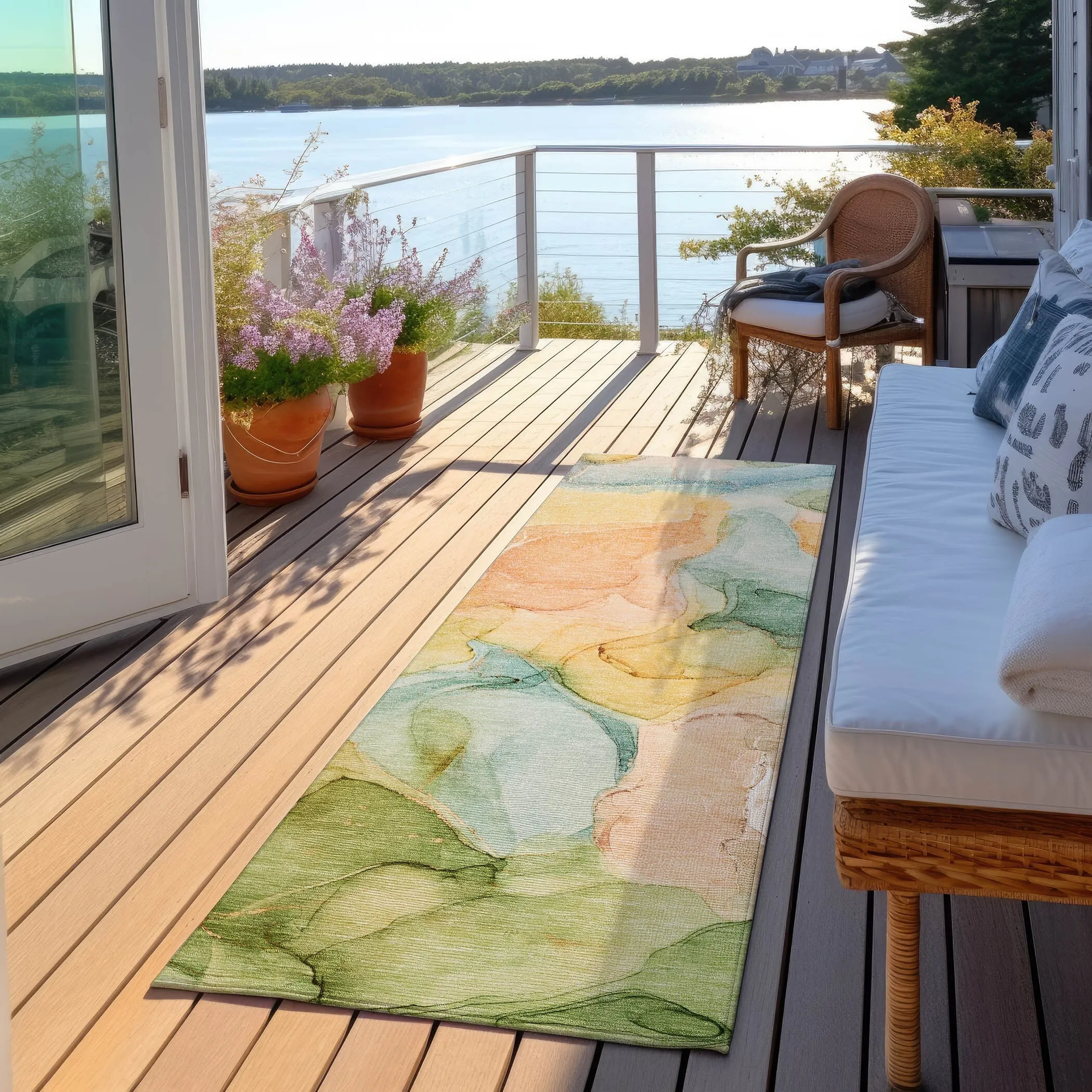 Machine Washable Indoor/ Outdoor Chantille Watercolor Blue Rug