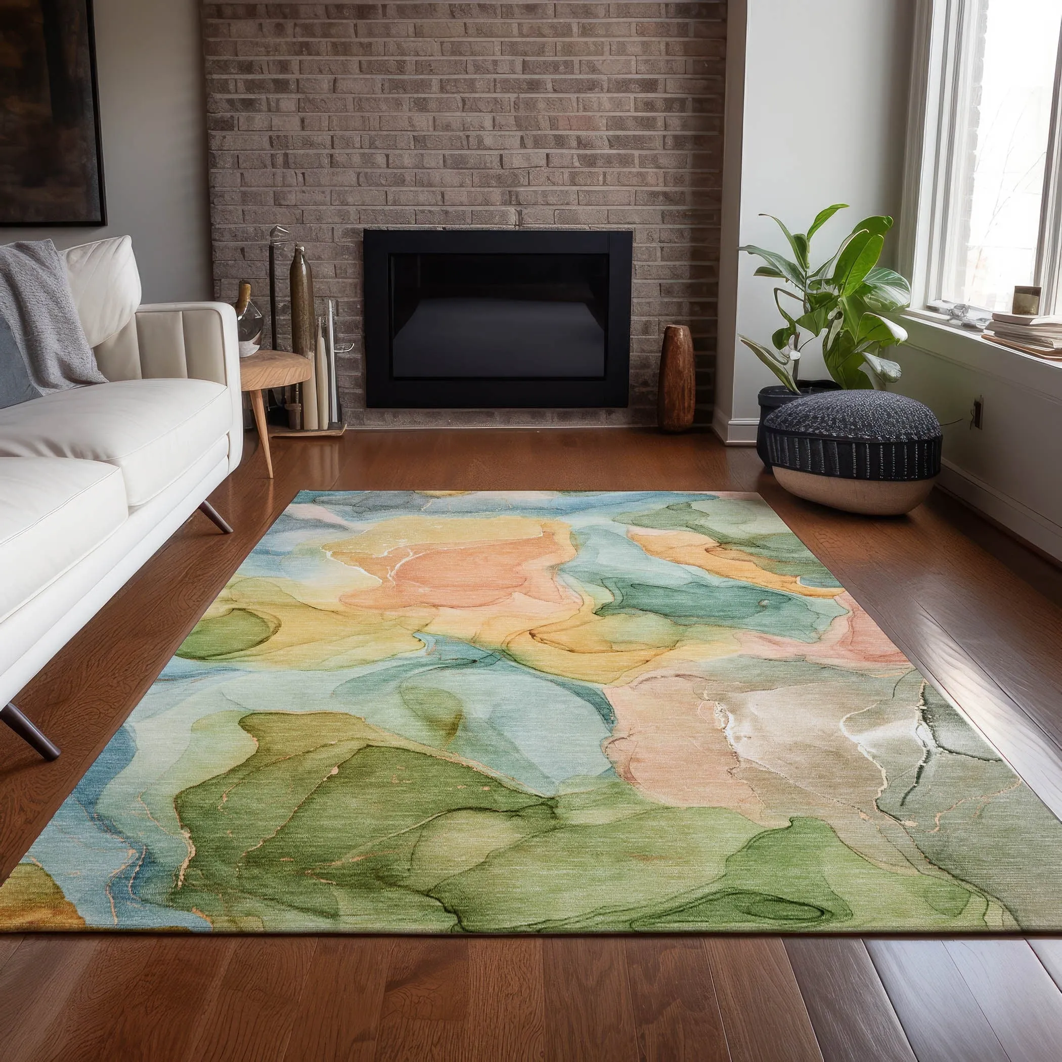 Machine Washable Indoor/ Outdoor Chantille Watercolor Blue Rug