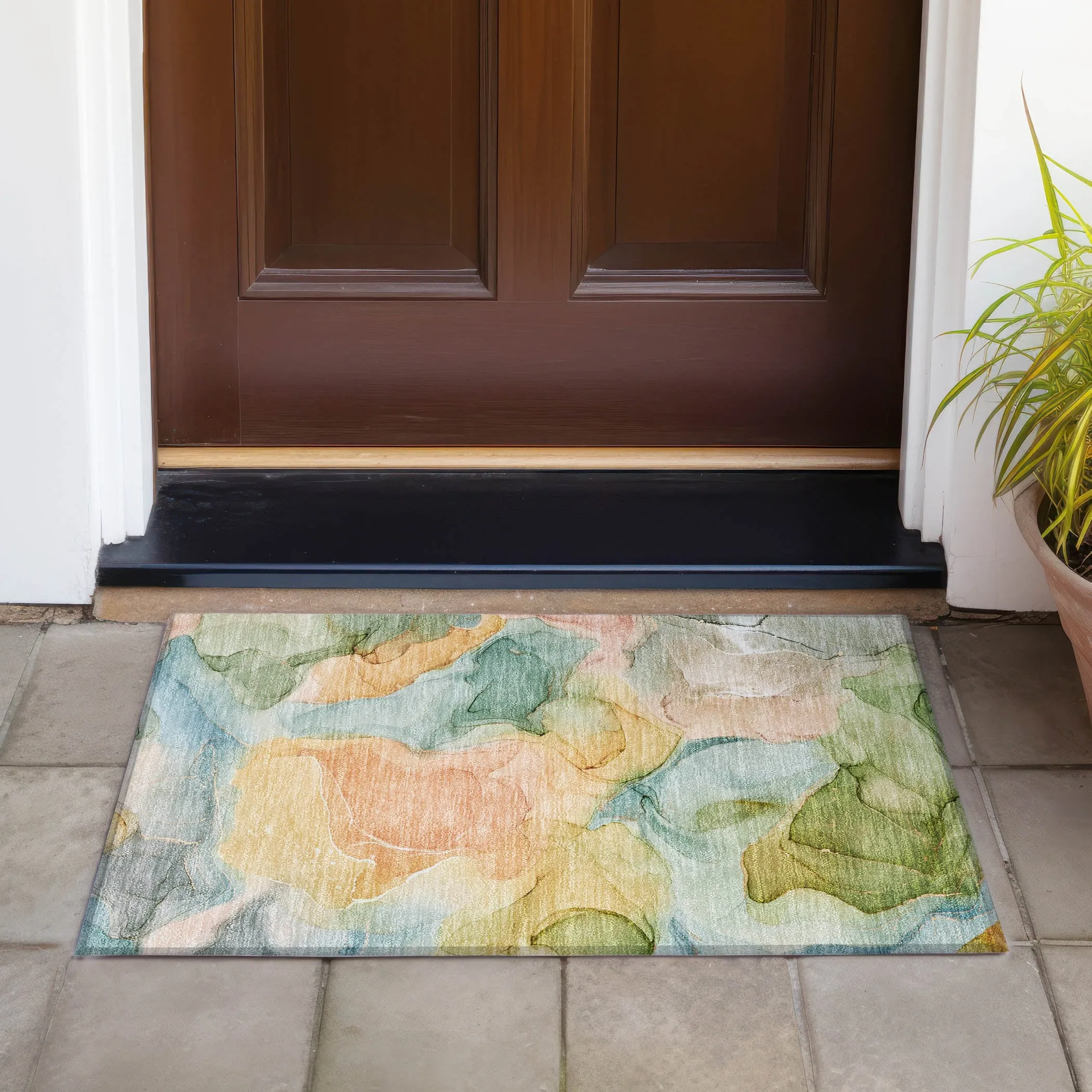 Machine Washable Indoor/ Outdoor Chantille Watercolor Blue Rug