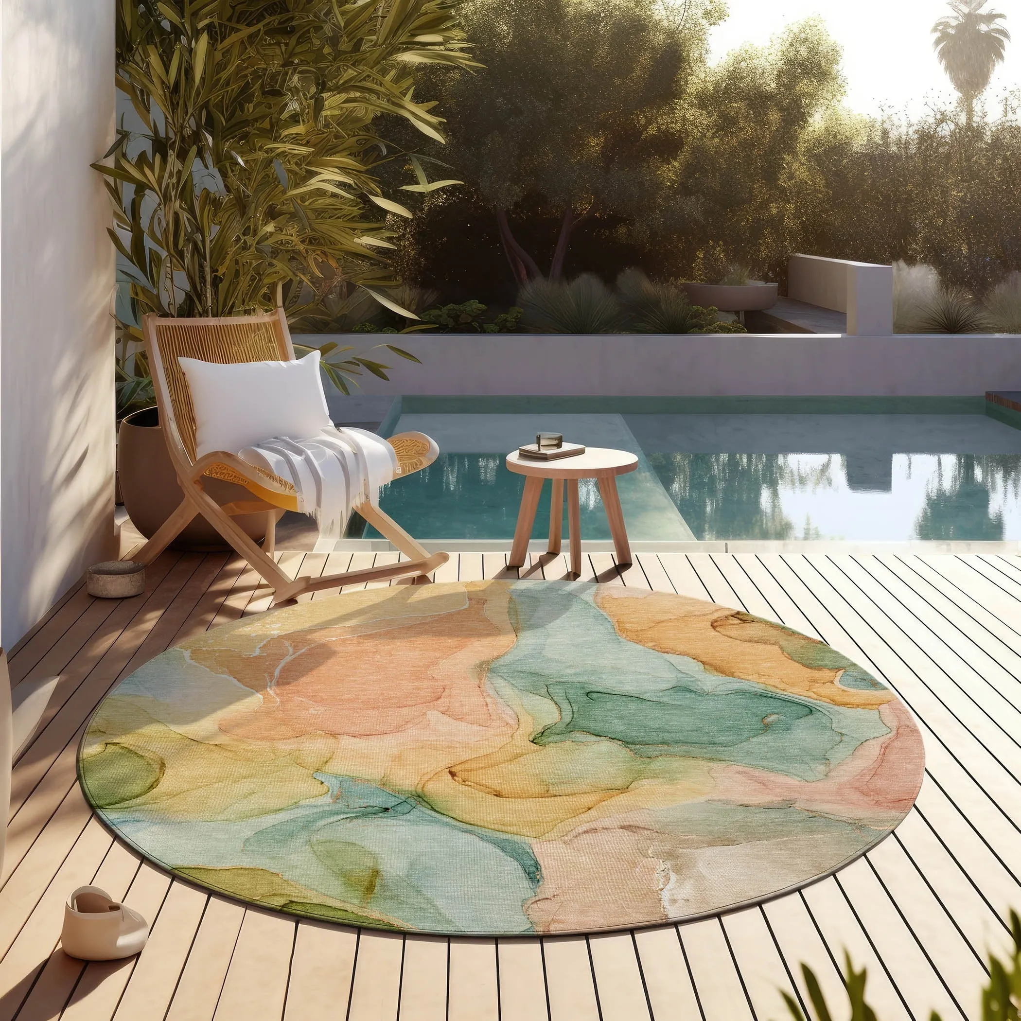 Machine Washable Indoor/ Outdoor Chantille Watercolor Blue Rug