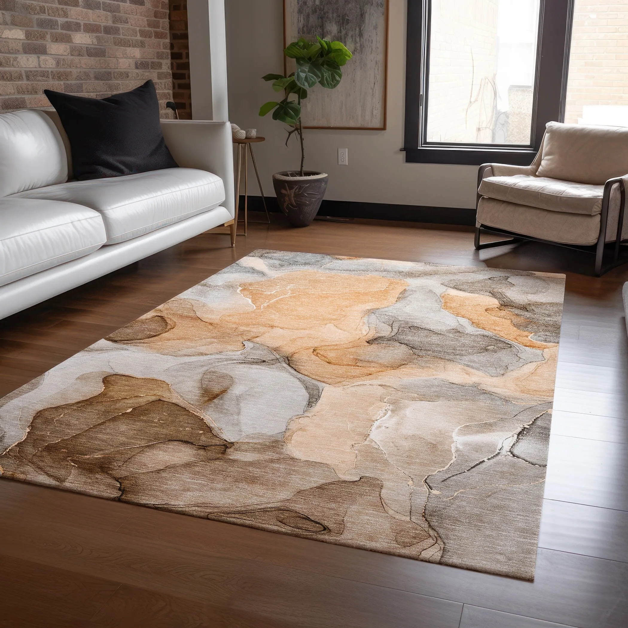 Machine Washable Indoor/ Outdoor Chantille Watercolor Orange Rug