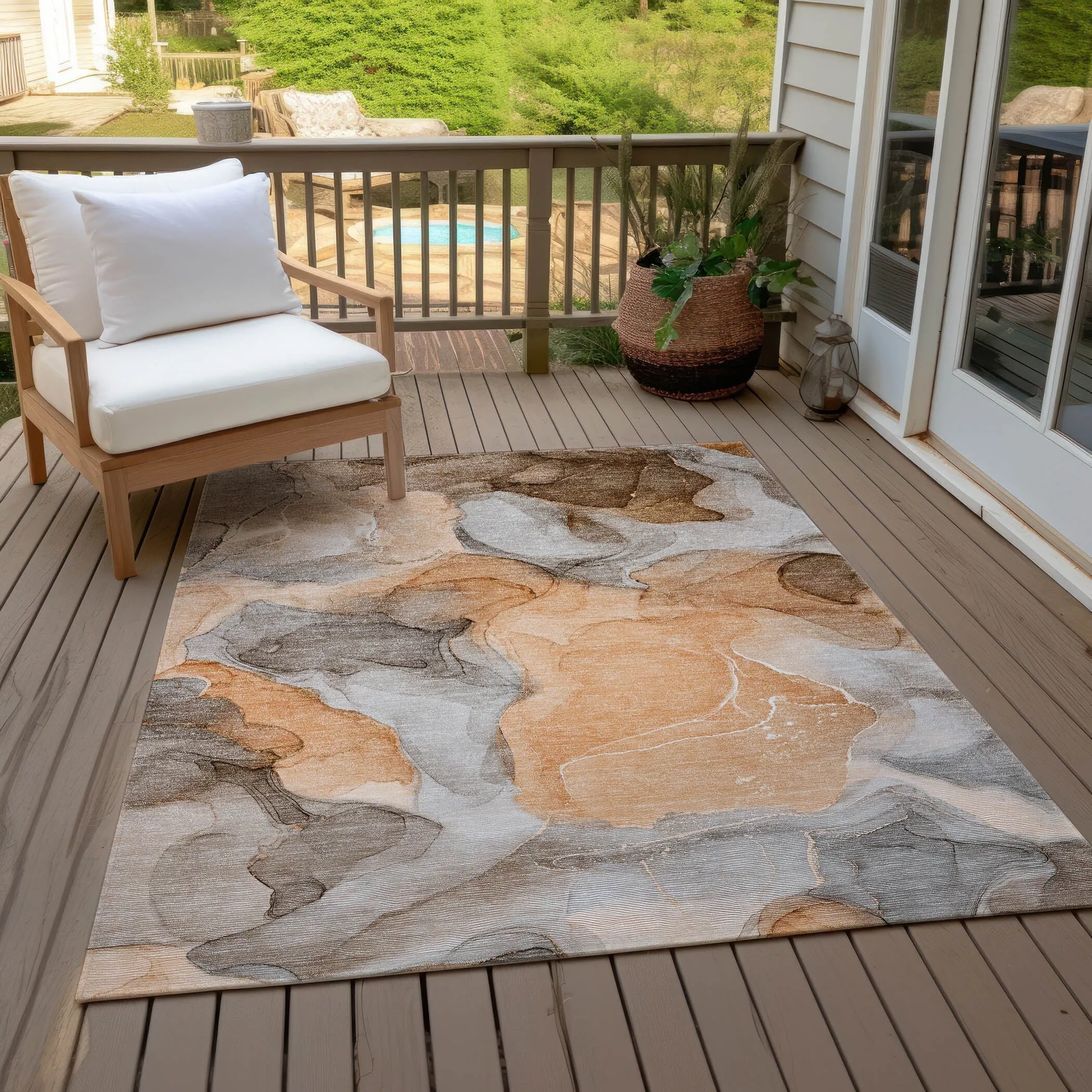 Machine Washable Indoor/ Outdoor Chantille Watercolor Orange Rug