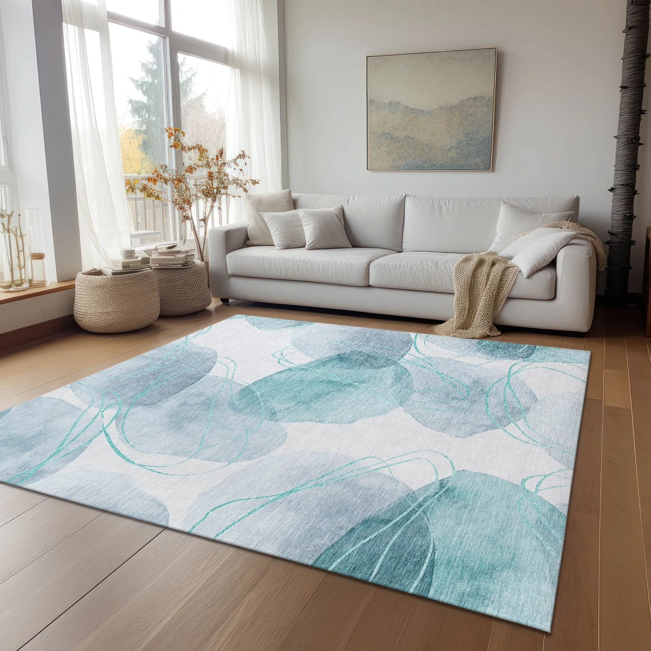 Machine Washable Indoor/ Outdoor Modern Circles Chantille Rug