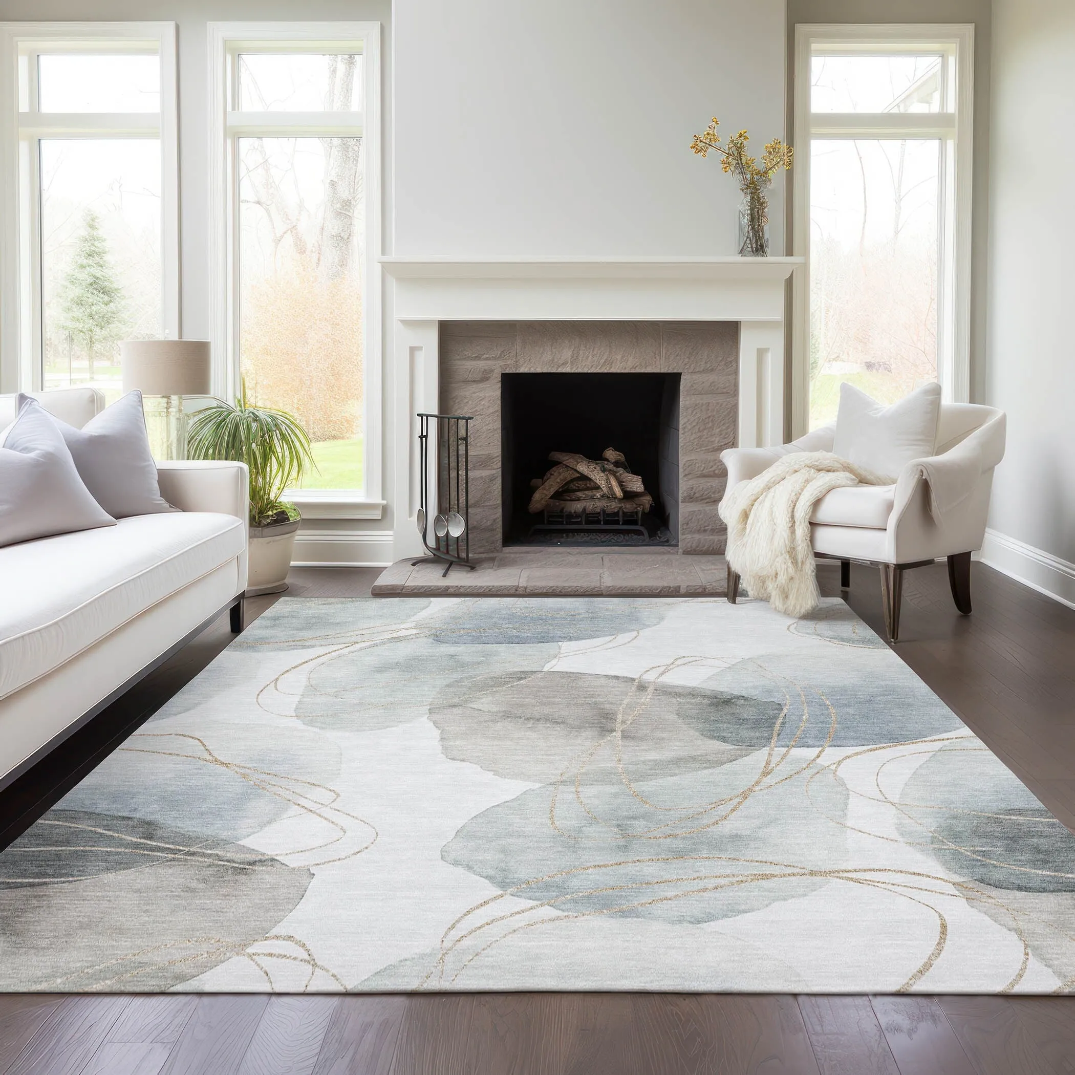 Machine Washable Indoor/ Outdoor Modern Circles Chantille Rug