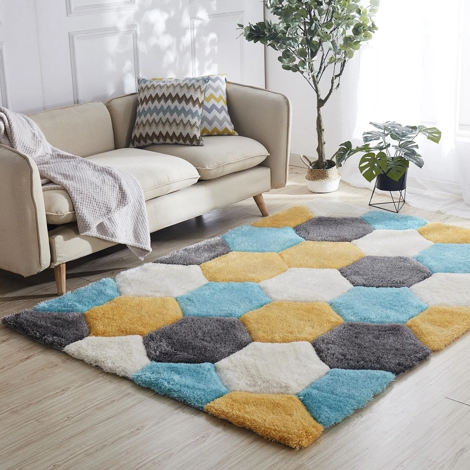 Mateos Shag Collection Blue/Gold Abstract Area Rug