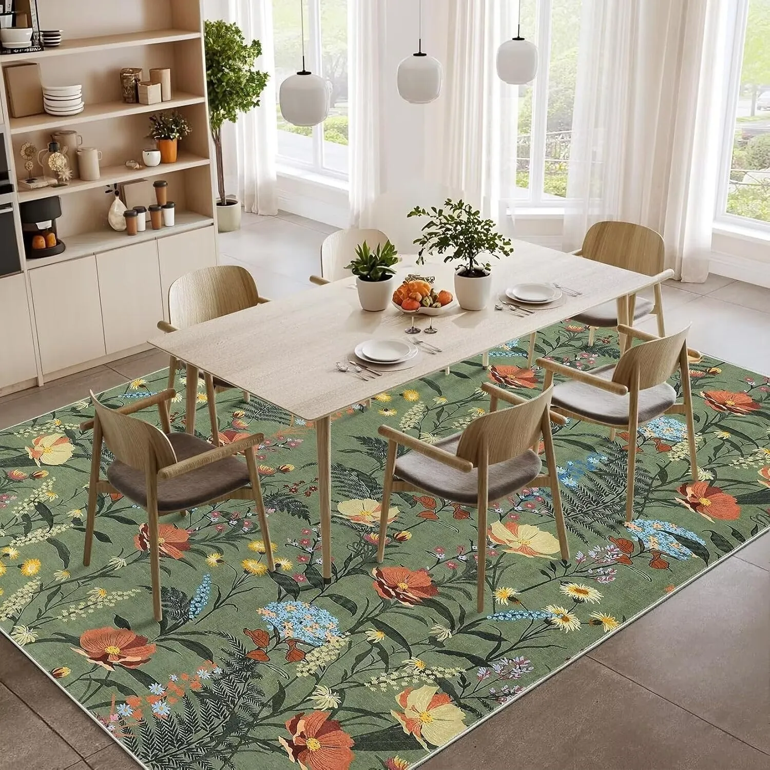 Modern Living Room Rugs Floral Rustic Area Rug Soft Foldable Accent Rug Low Pile Non-Slip Rug for Dining Room Office