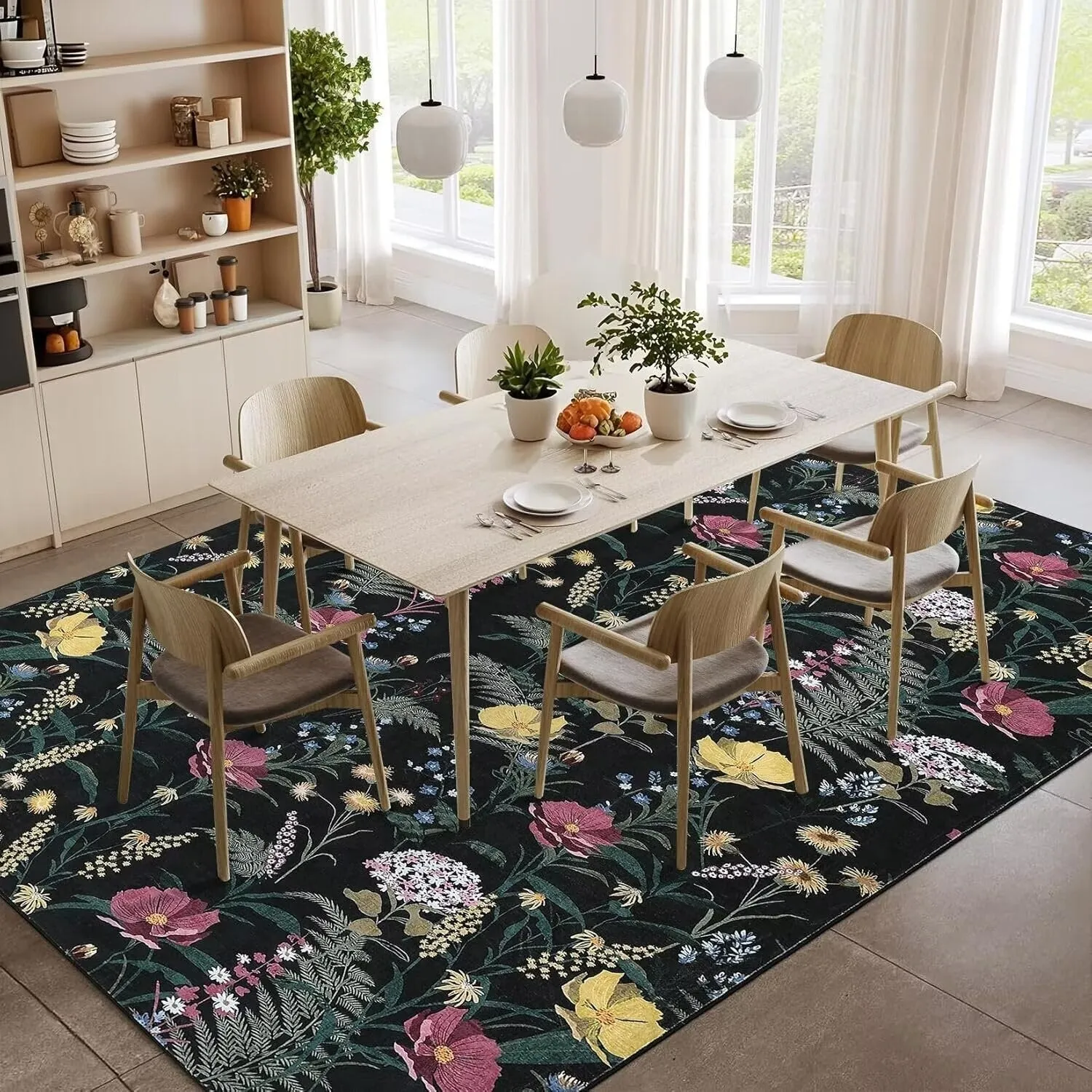Modern Living Room Rugs Floral Rustic Area Rug Soft Foldable Accent Rug Low Pile Non-Slip Rug for Dining Room Office