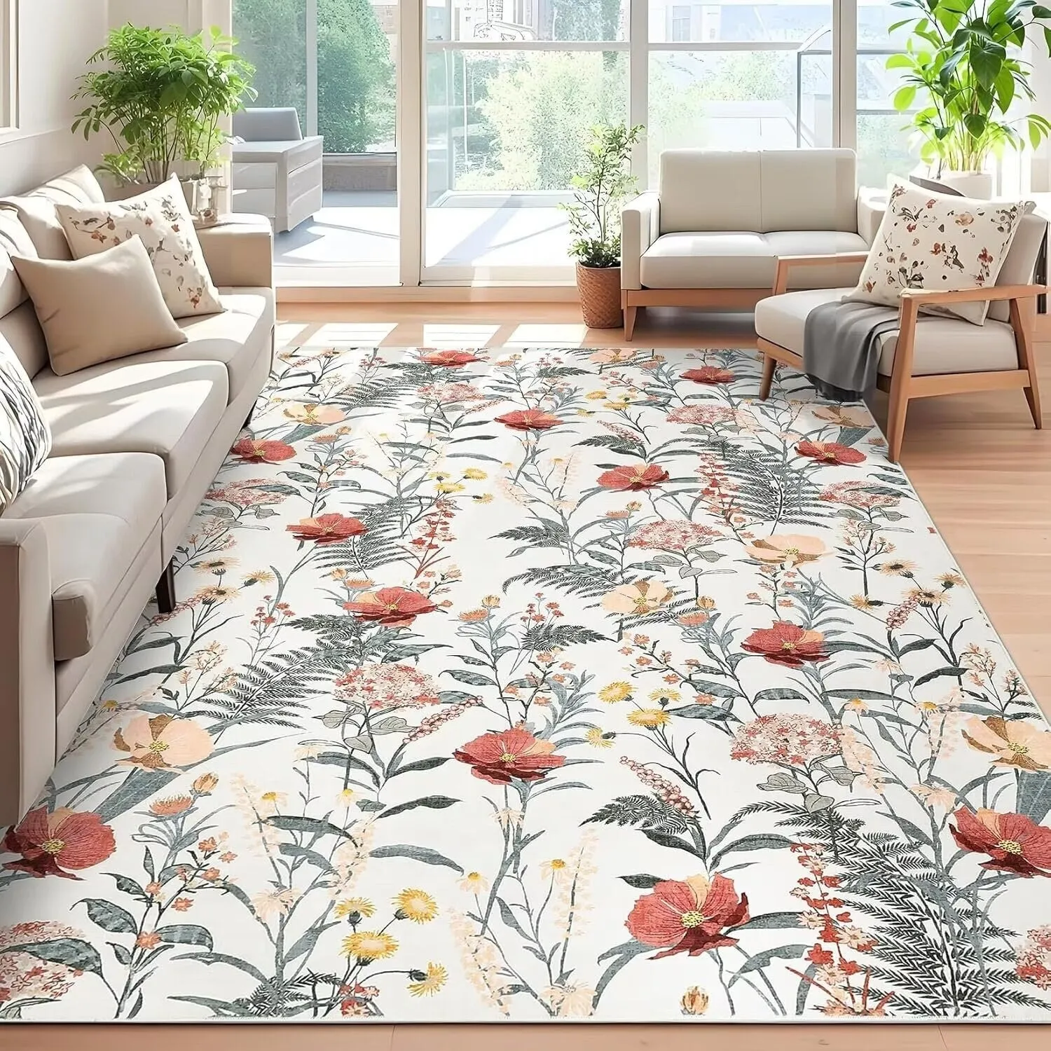 Modern Living Room Rugs Floral Rustic Area Rug Soft Foldable Accent Rug Low Pile Non-Slip Rug for Dining Room Office