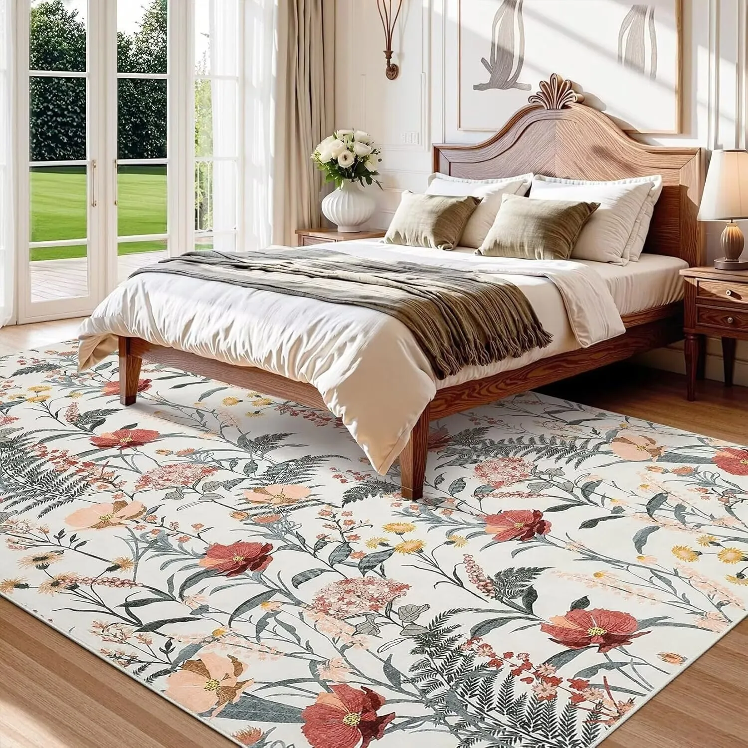 Modern Living Room Rugs Floral Rustic Area Rug Soft Foldable Accent Rug Low Pile Non-Slip Rug for Dining Room Office