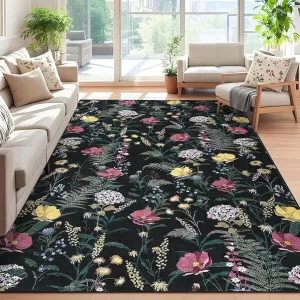 Modern Living Room Rugs Floral Rustic Area Rug Soft Foldable Accent Rug Low Pile Non-Slip Rug for Dining Room Office