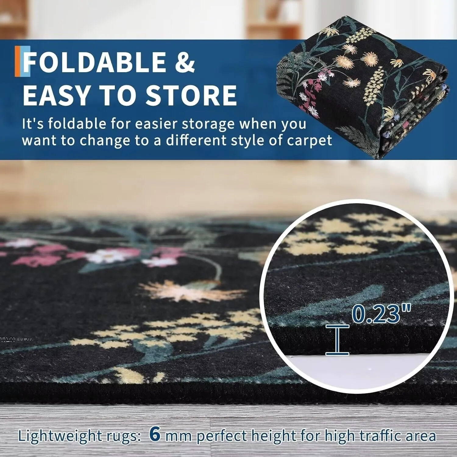 Modern Living Room Rugs Floral Rustic Area Rug Soft Foldable Accent Rug Low Pile Non-Slip Rug for Dining Room Office