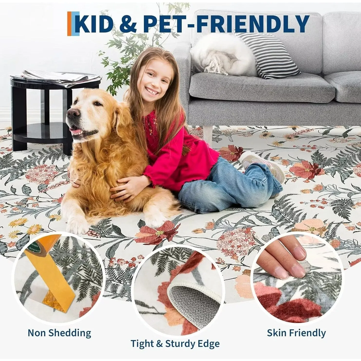 Modern Living Room Rugs Floral Rustic Area Rug Soft Foldable Accent Rug Low Pile Non-Slip Rug for Dining Room Office