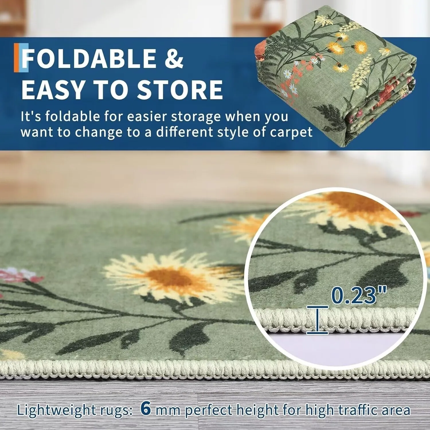 Modern Living Room Rugs Floral Rustic Area Rug Soft Foldable Accent Rug Low Pile Non-Slip Rug for Dining Room Office