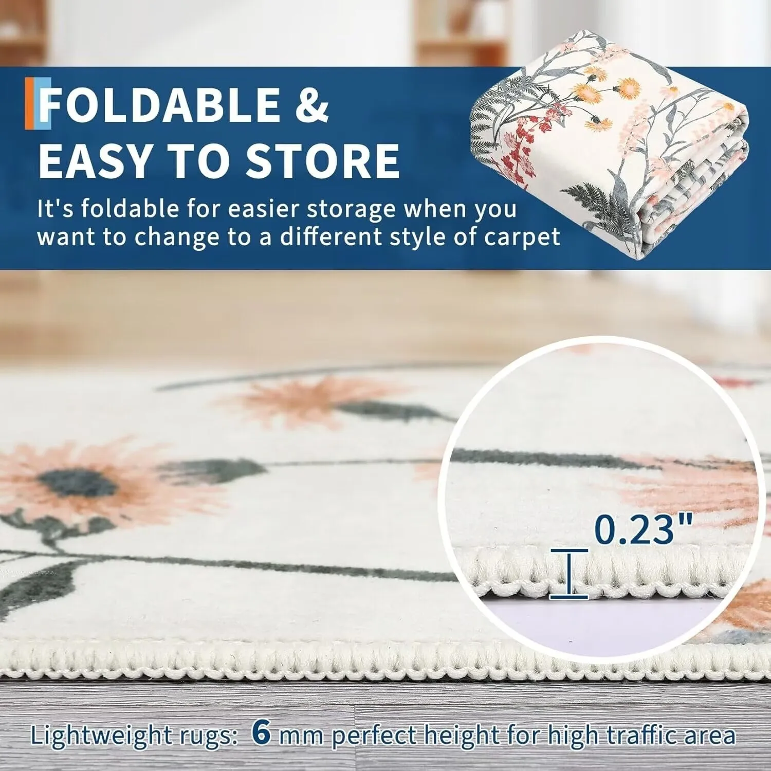 Modern Living Room Rugs Floral Rustic Area Rug Soft Foldable Accent Rug Low Pile Non-Slip Rug for Dining Room Office
