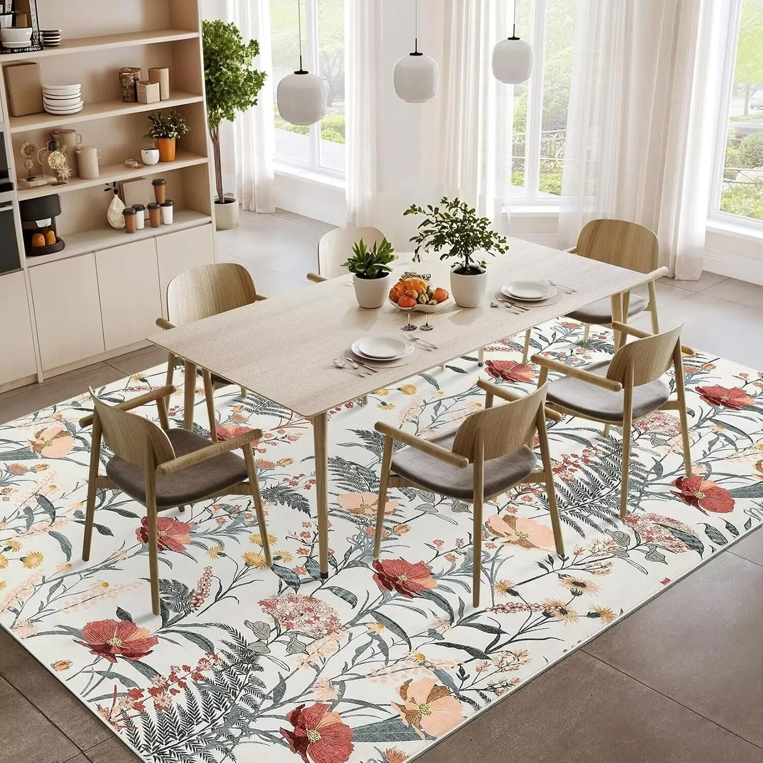 Modern Living Room Rugs Floral Rustic Area Rug Soft Foldable Accent Rug Low Pile Non-Slip Rug for Dining Room Office