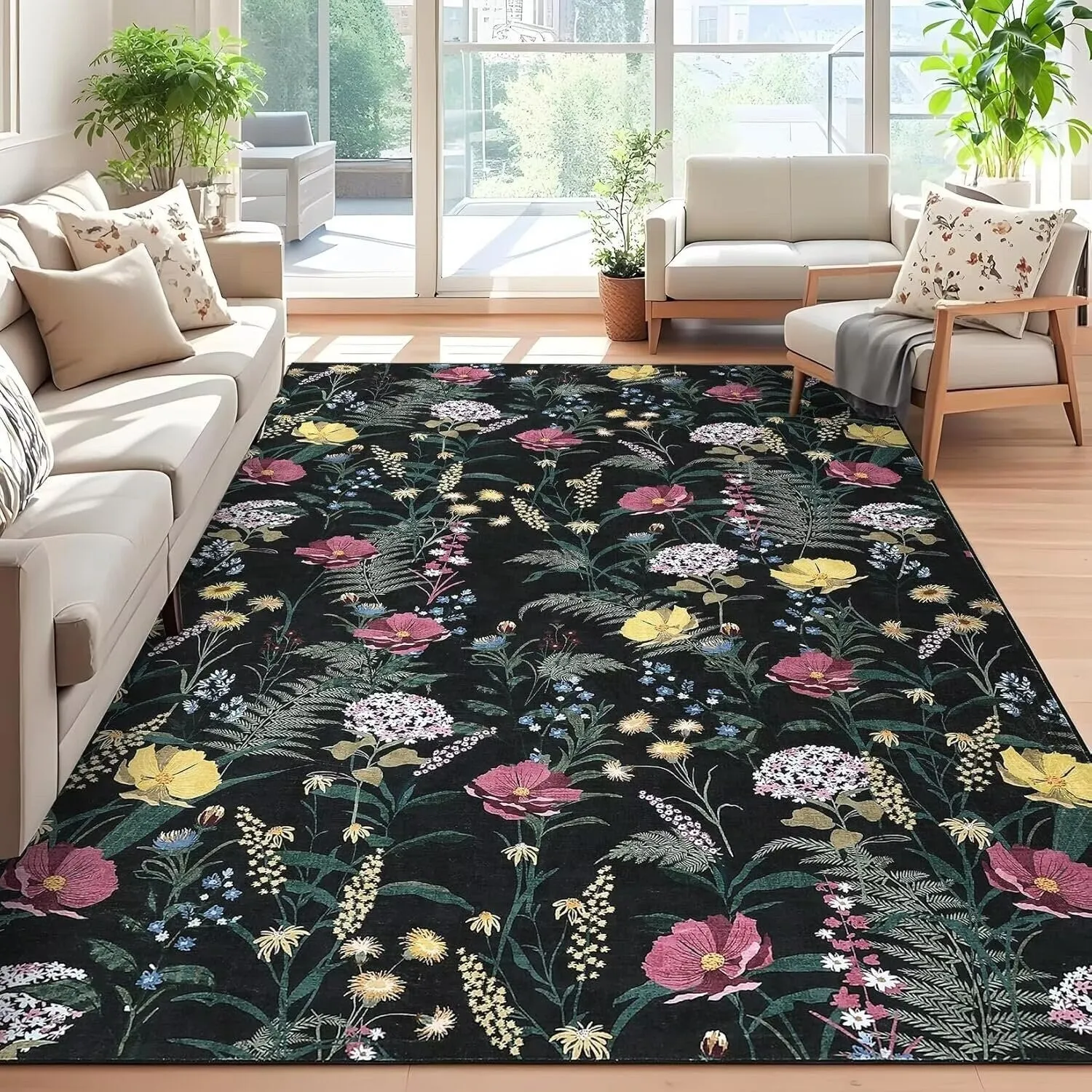 Modern Living Room Rugs Floral Rustic Area Rug Soft Foldable Accent Rug Low Pile Non-Slip Rug for Dining Room Office