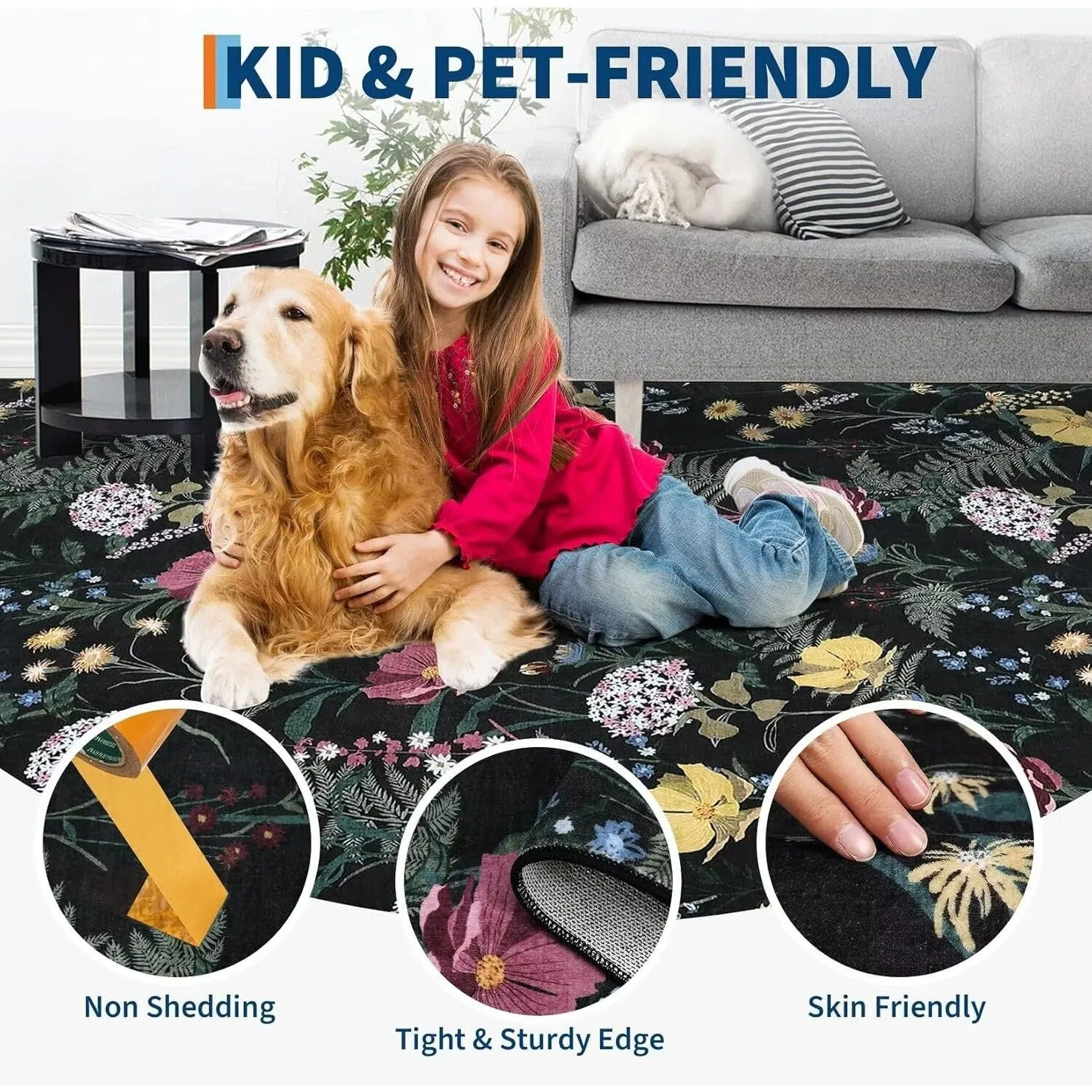Modern Living Room Rugs Floral Rustic Area Rug Soft Foldable Accent Rug Low Pile Non-Slip Rug for Dining Room Office