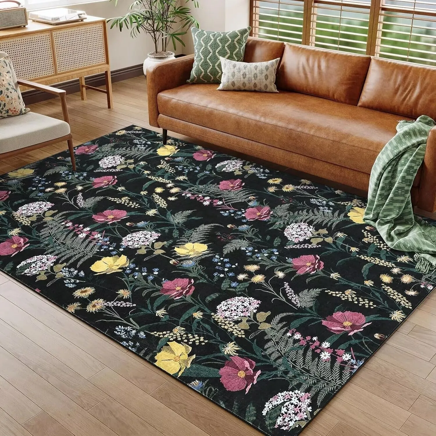 Modern Living Room Rugs Floral Rustic Area Rug Soft Foldable Accent Rug Low Pile Non-Slip Rug for Dining Room Office