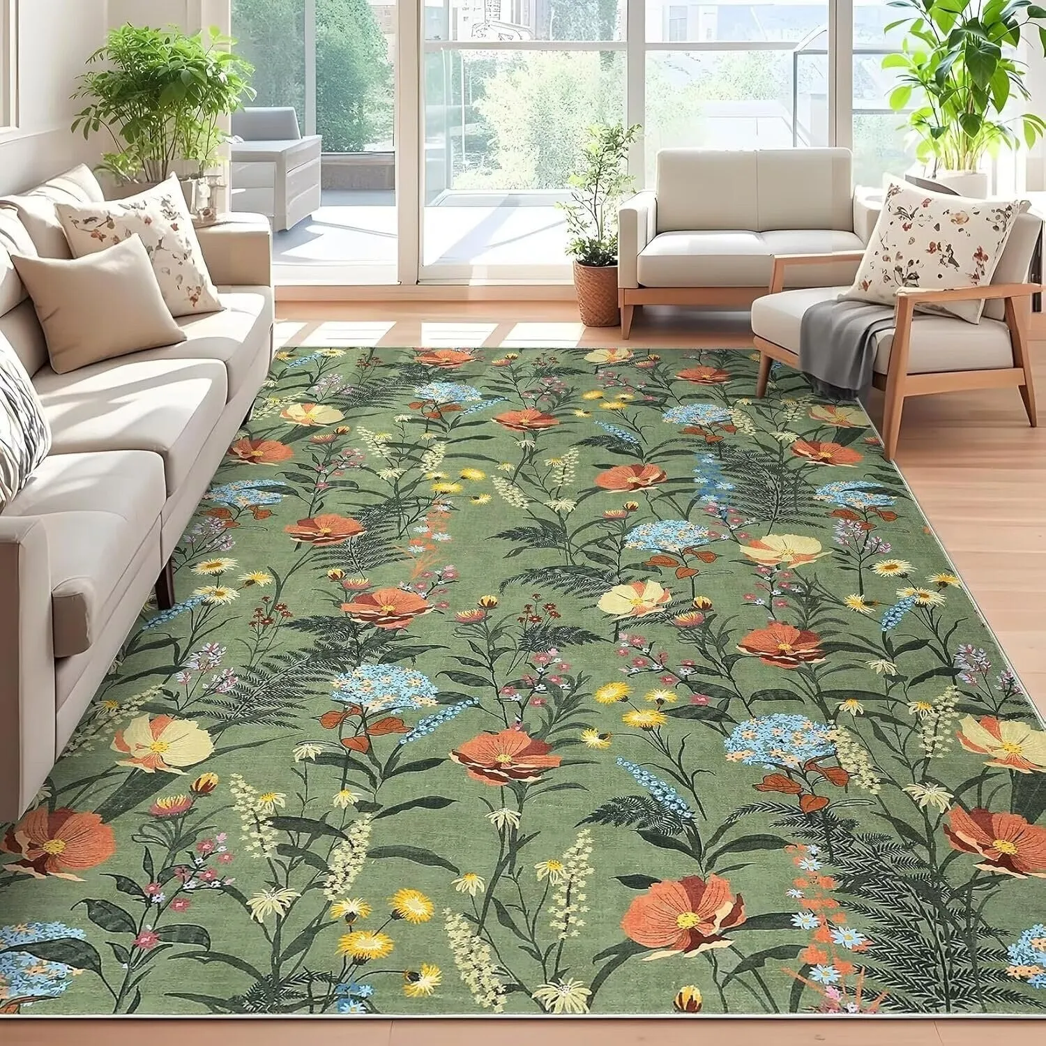 Modern Living Room Rugs Floral Rustic Area Rug Soft Foldable Accent Rug Low Pile Non-Slip Rug for Dining Room Office