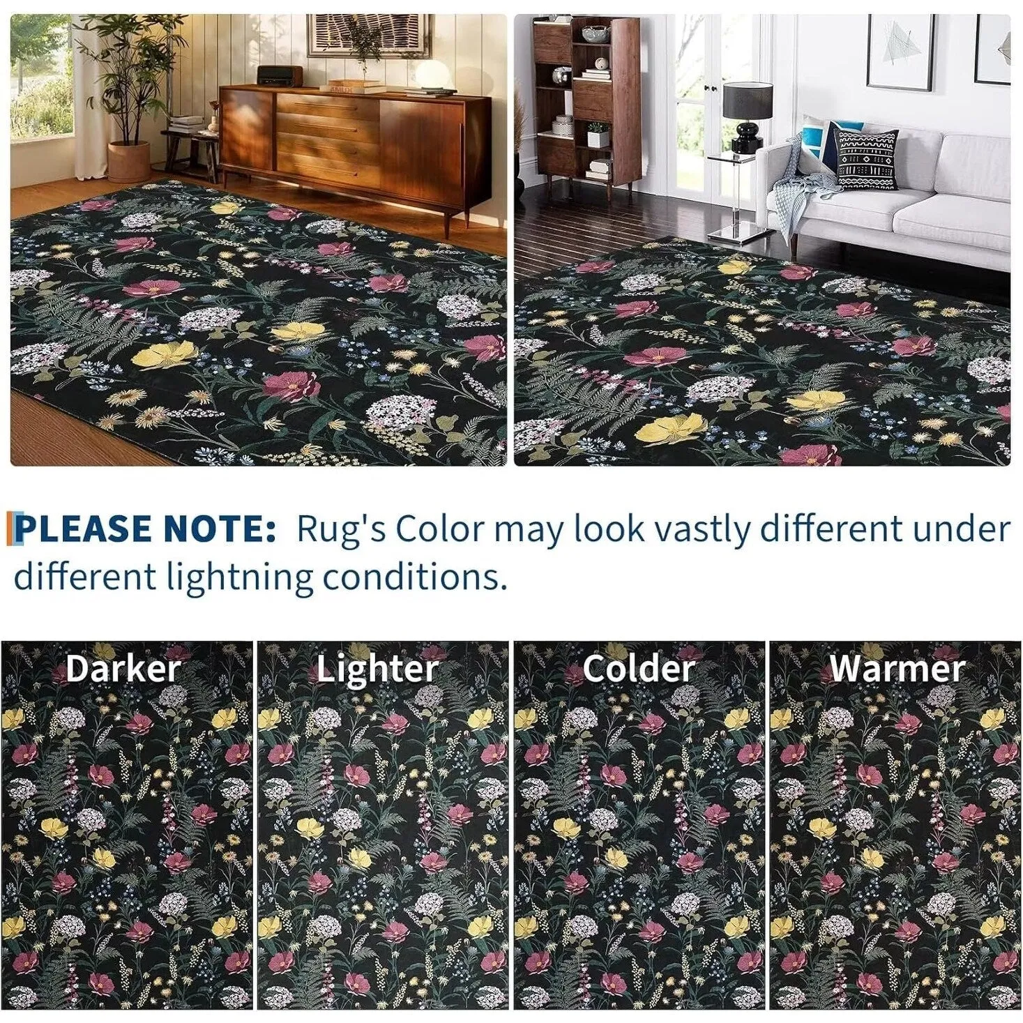 Modern Living Room Rugs Floral Rustic Area Rug Soft Foldable Accent Rug Low Pile Non-Slip Rug for Dining Room Office