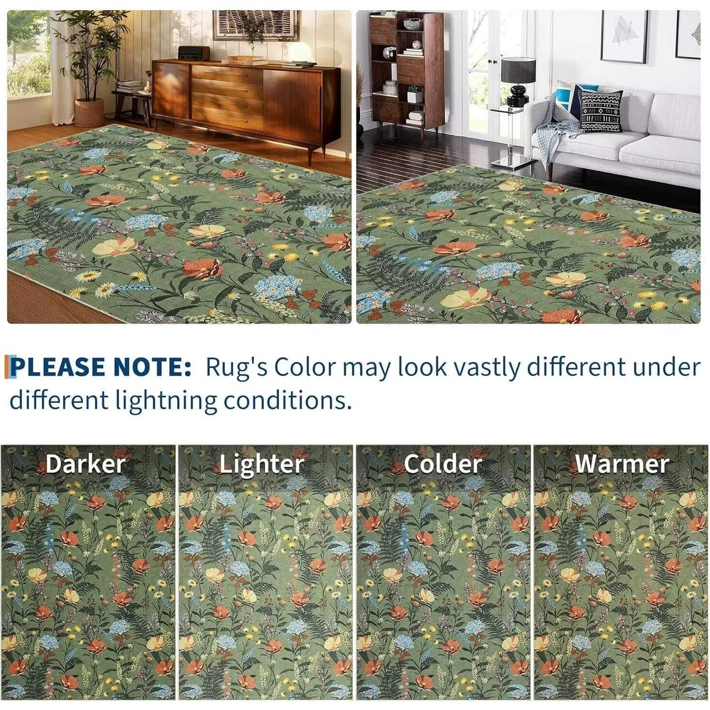 Modern Living Room Rugs Floral Rustic Area Rug Soft Foldable Accent Rug Low Pile Non-Slip Rug for Dining Room Office
