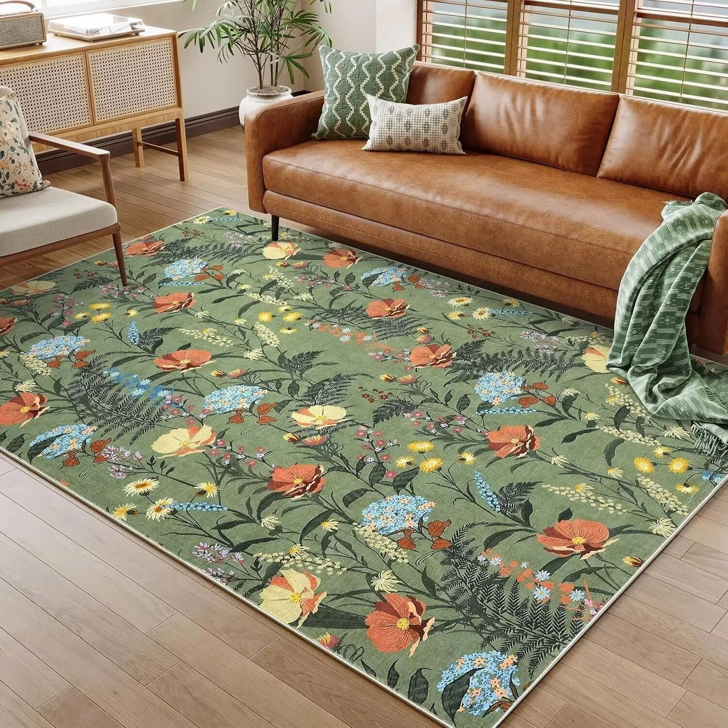 Modern Living Room Rugs Floral Rustic Area Rug Soft Foldable Accent Rug Low Pile Non-Slip Rug for Dining Room Office