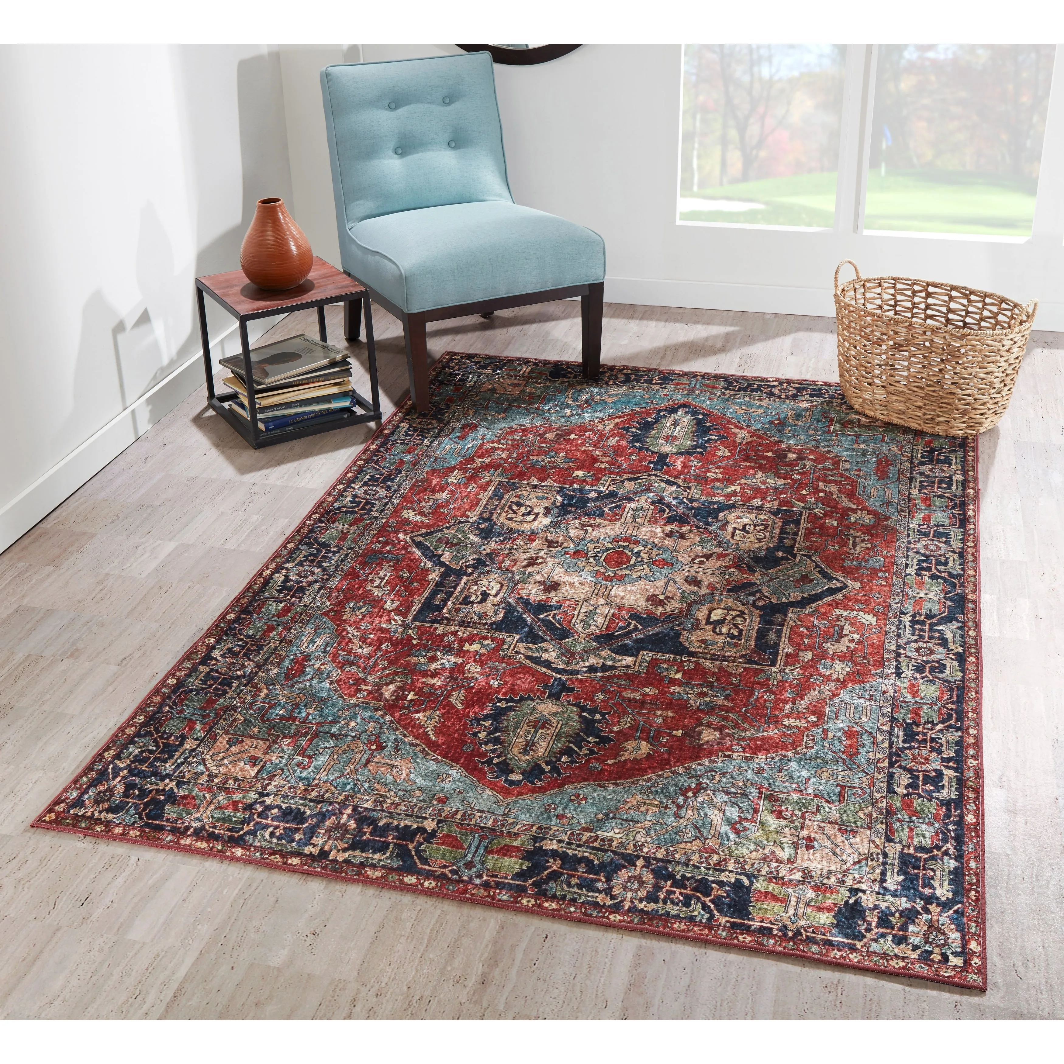 Momeni Karachi Distressed Red/ Navy Medallion Polyester Area Rug