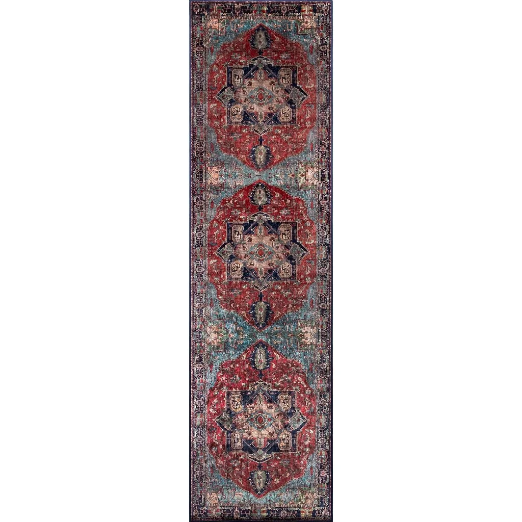 Momeni Karachi Distressed Red/ Navy Medallion Polyester Area Rug