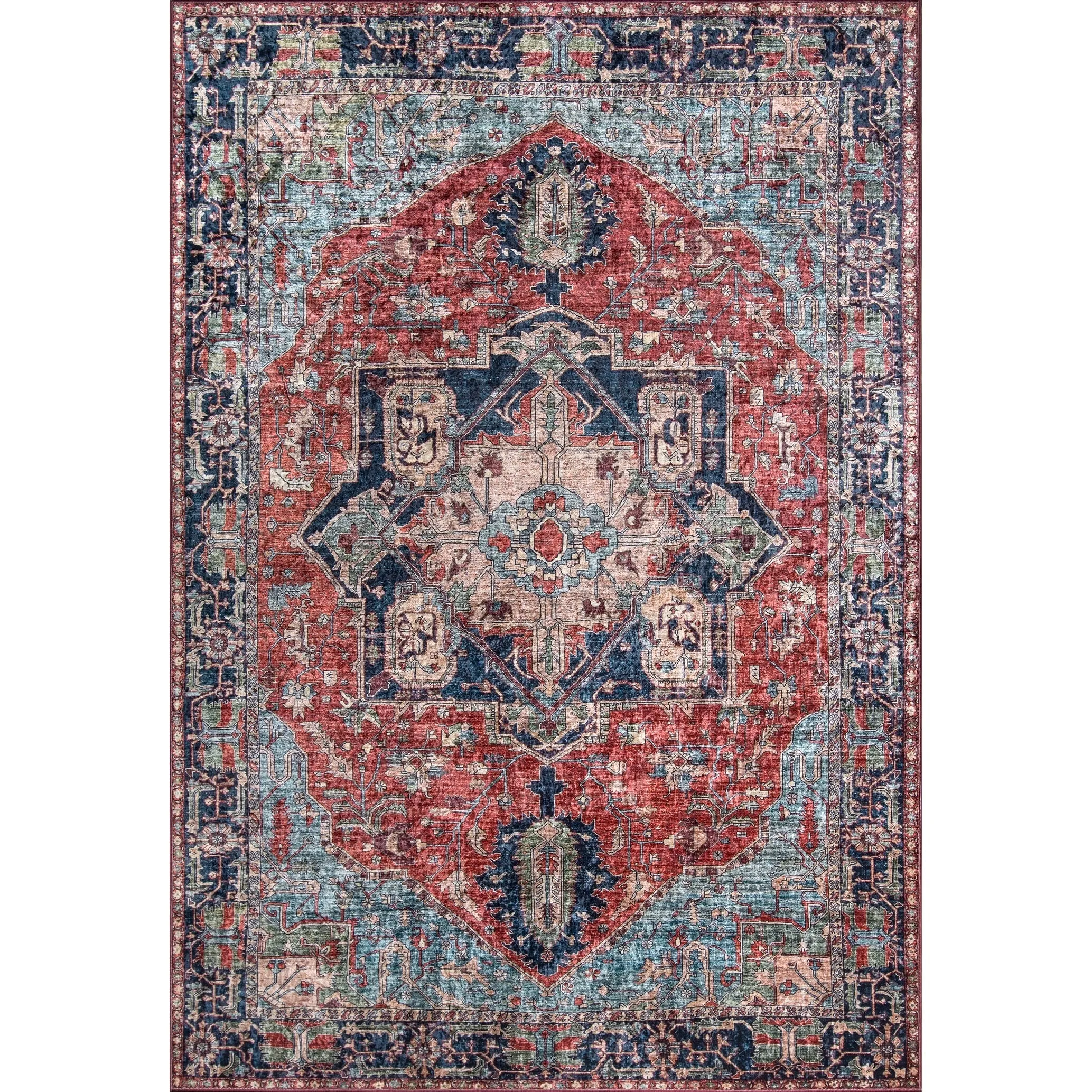 Momeni Karachi Distressed Red/ Navy Medallion Polyester Area Rug