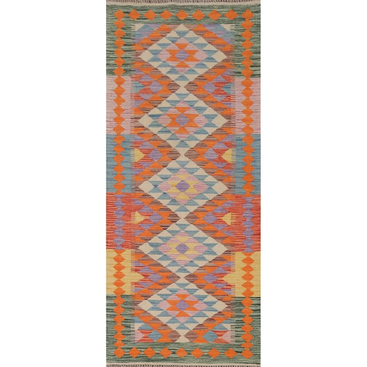 Multicolor Kilim Runner Rug Hand-Woven Oriental Wool Carpet - 2'4x 6'3