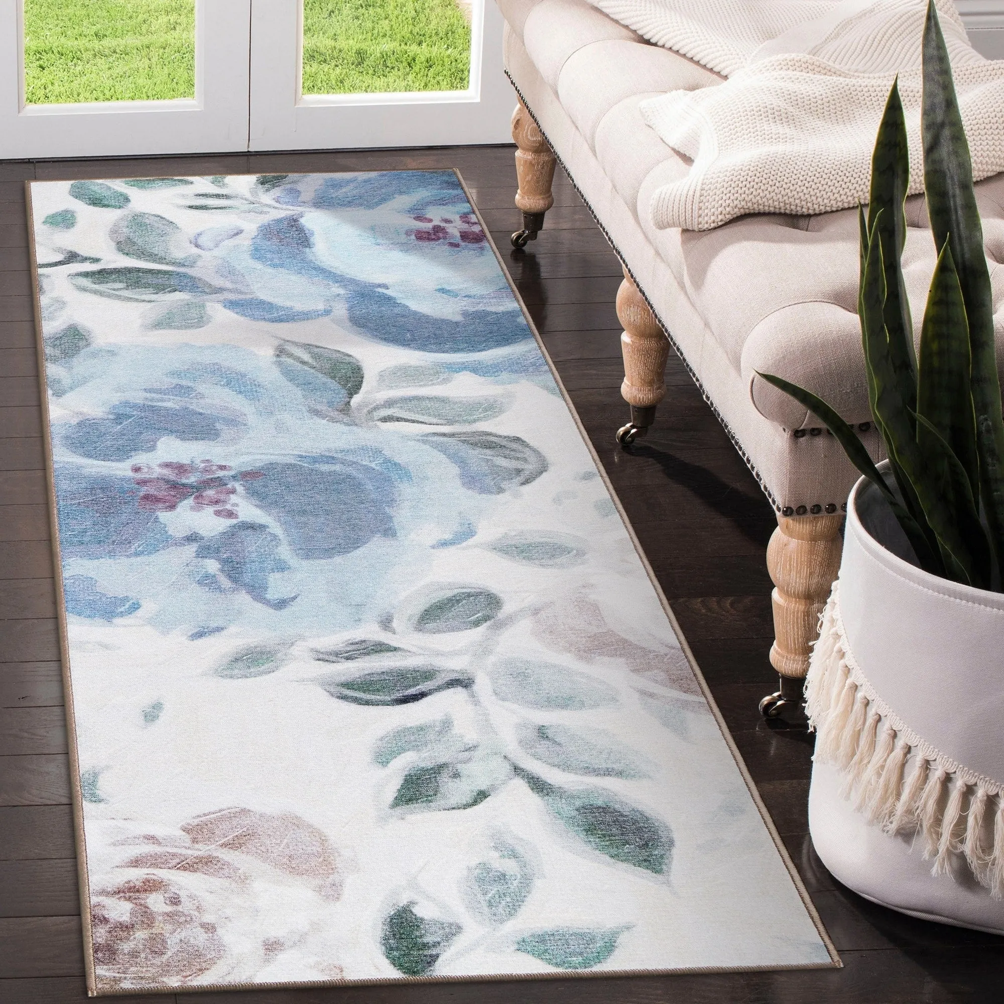My Magic Carpet Sasha Floral Cream Blue Machine Washable Rug
