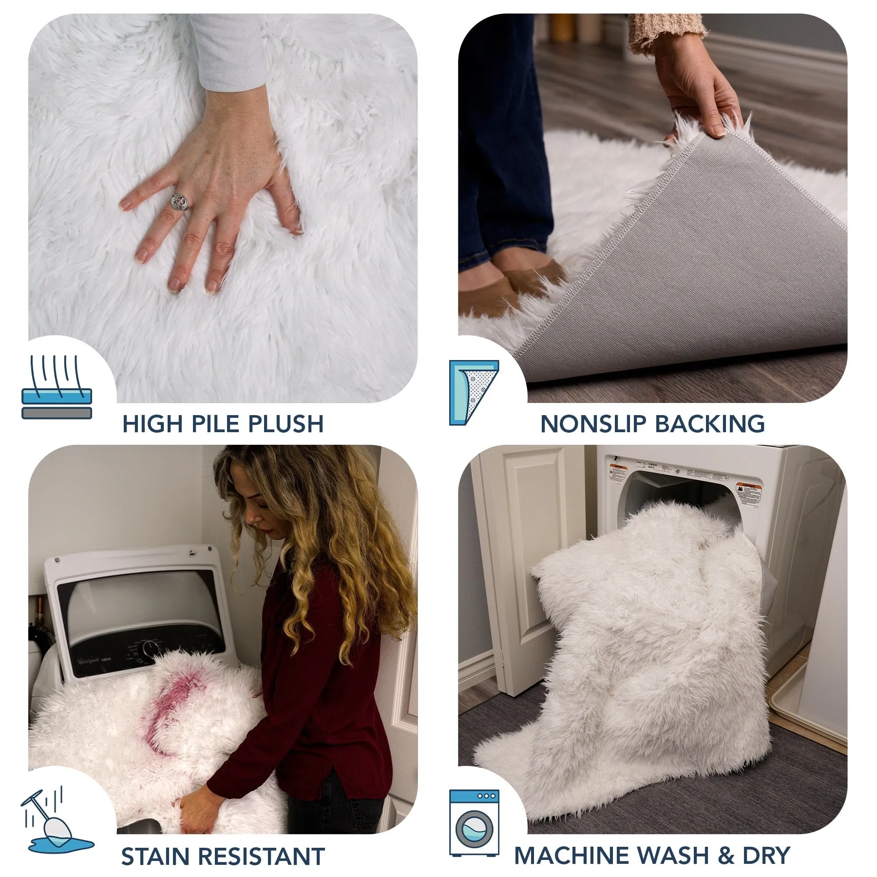 My Magic Carpet Washable Vegan White Plush Shag Area Rug