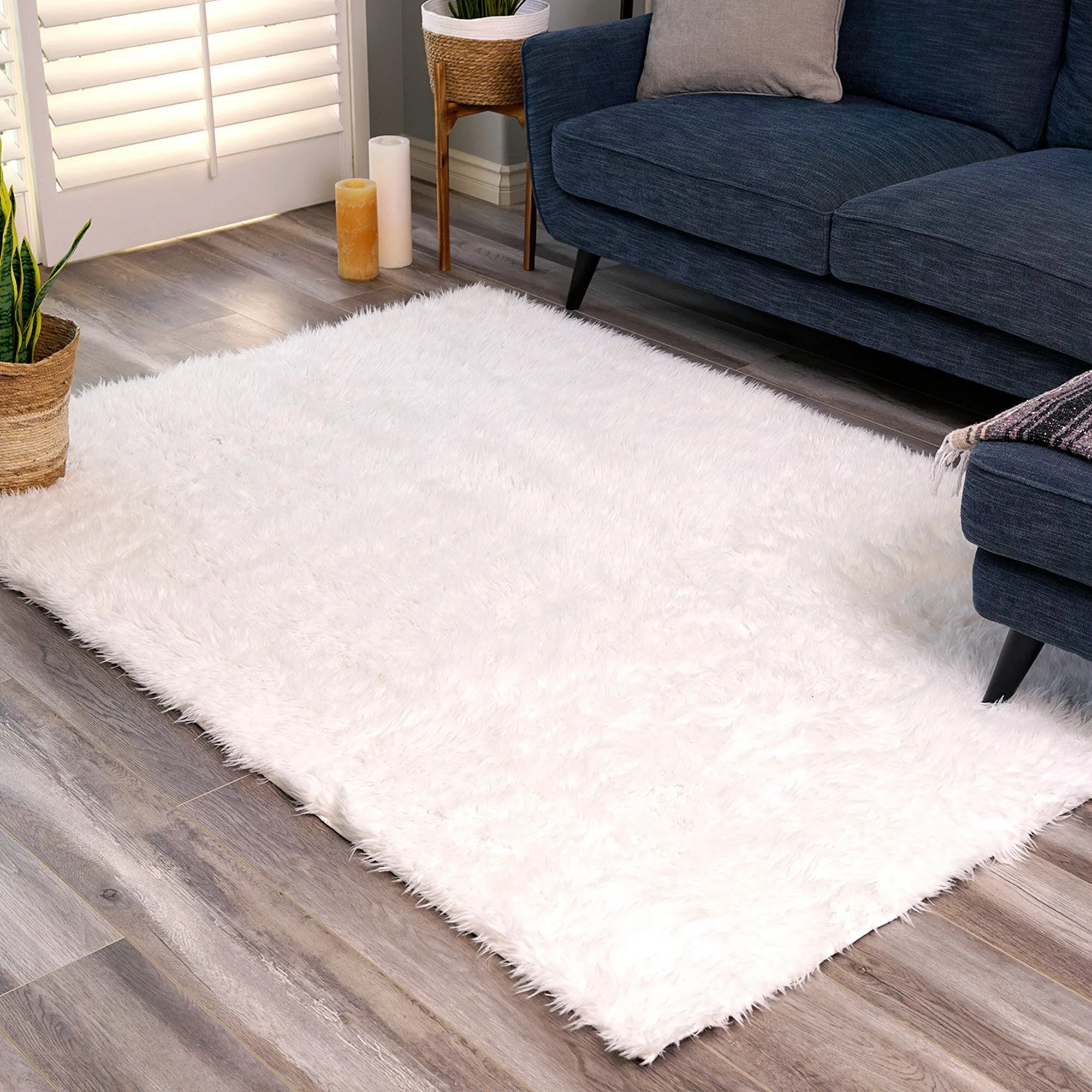 My Magic Carpet Washable Vegan White Plush Shag Area Rug