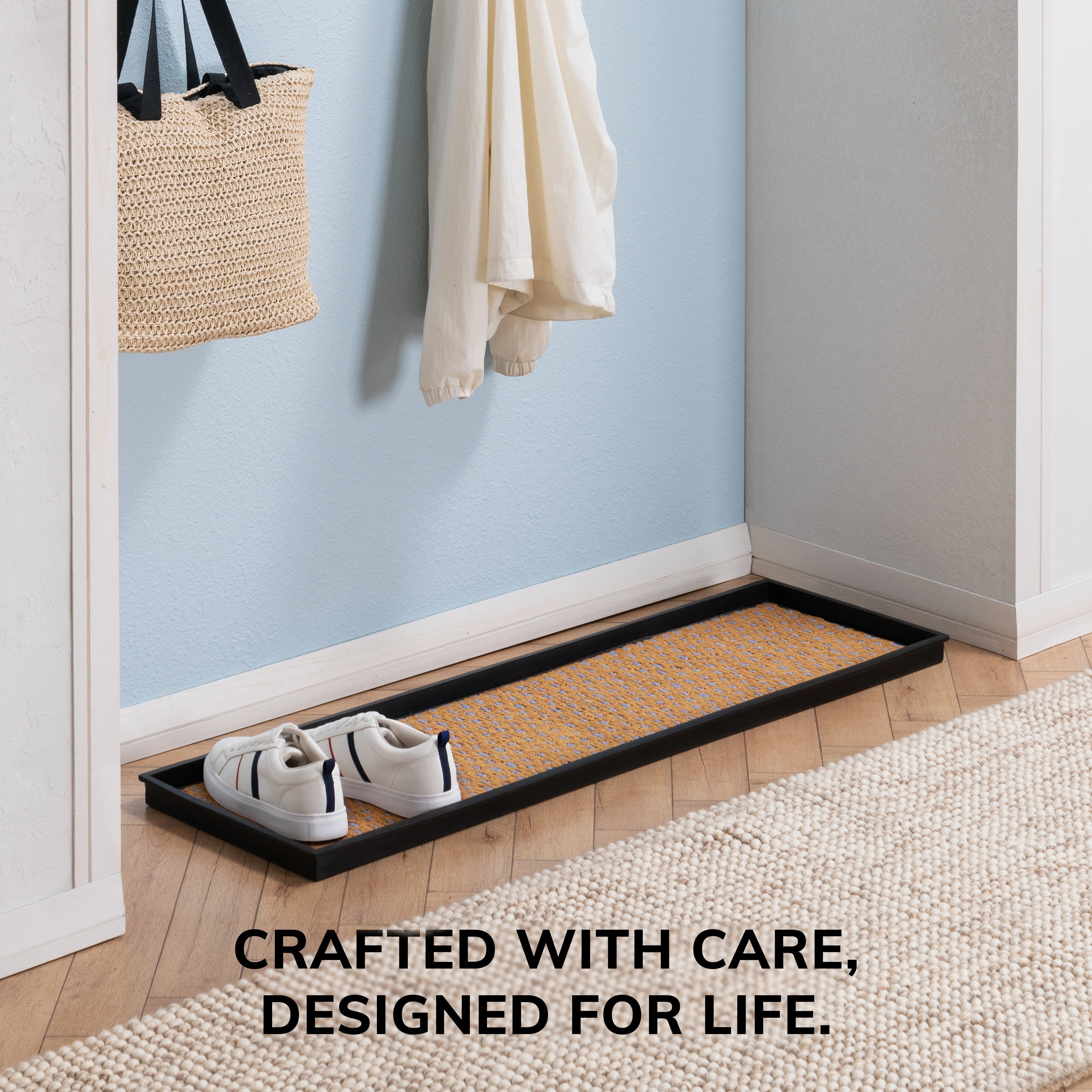 Natural and Recycled Rubber Boot Tray with Tan and Blue Coir Insert
