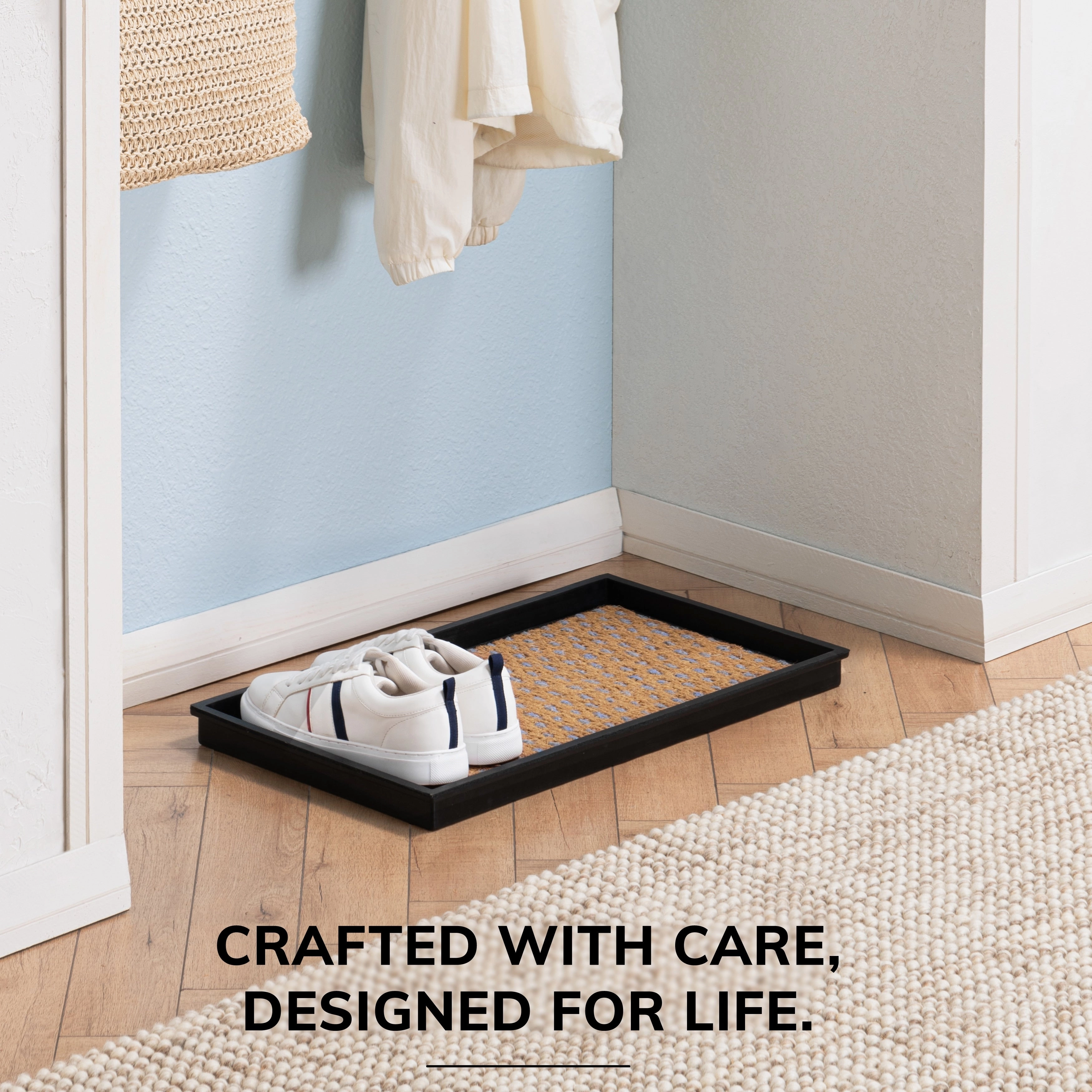 Natural and Recycled Rubber Boot Tray with Tan and Blue Coir Insert