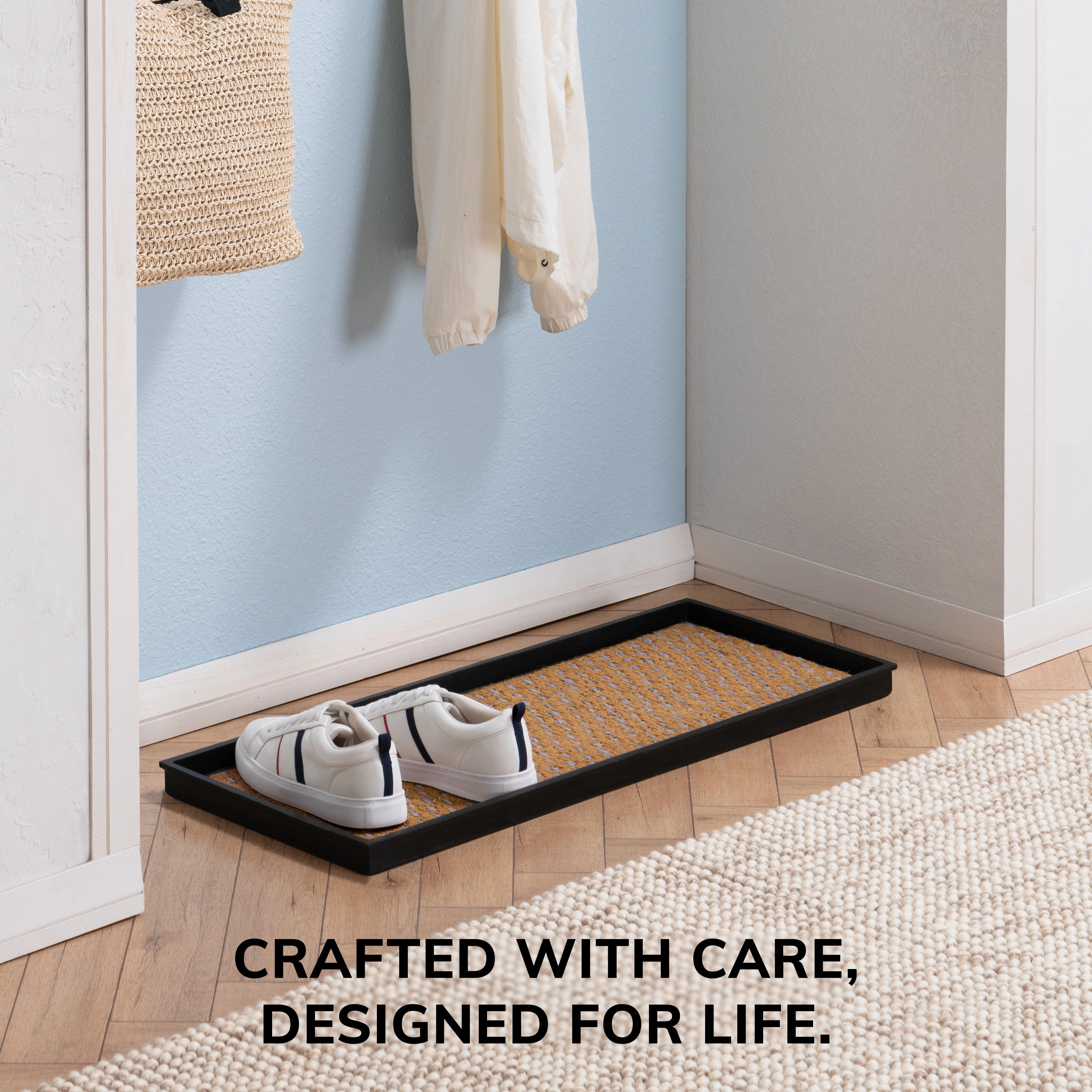 Natural and Recycled Rubber Boot Tray with Tan and Blue Coir Insert