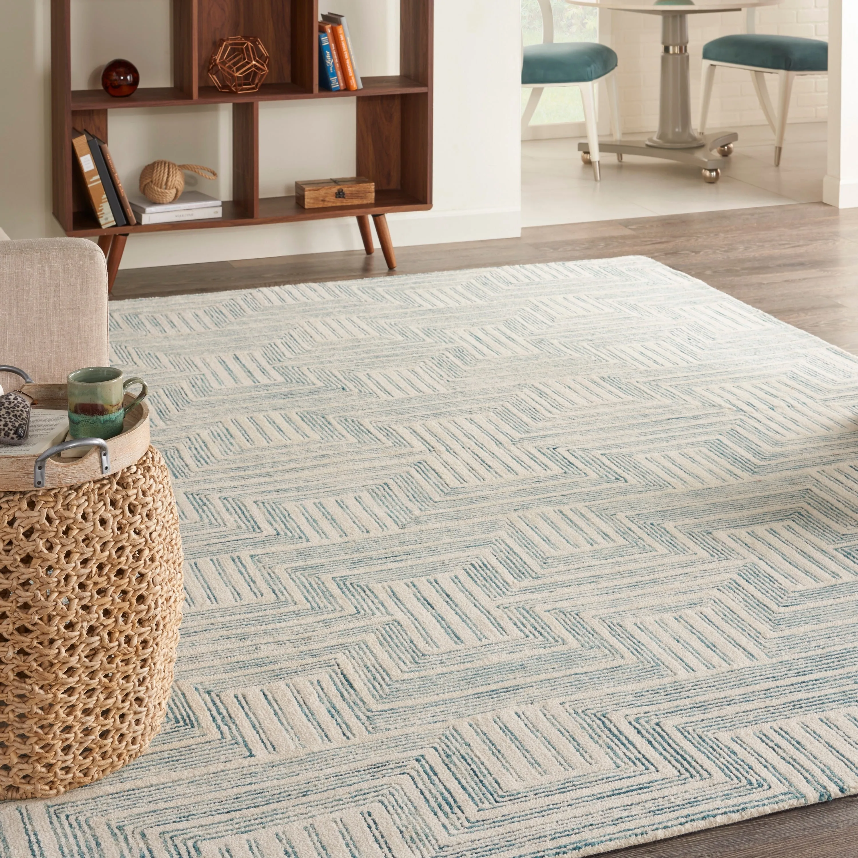 Nourison Linked Modern Geometric Ivory Turquoise Blue Area Rug