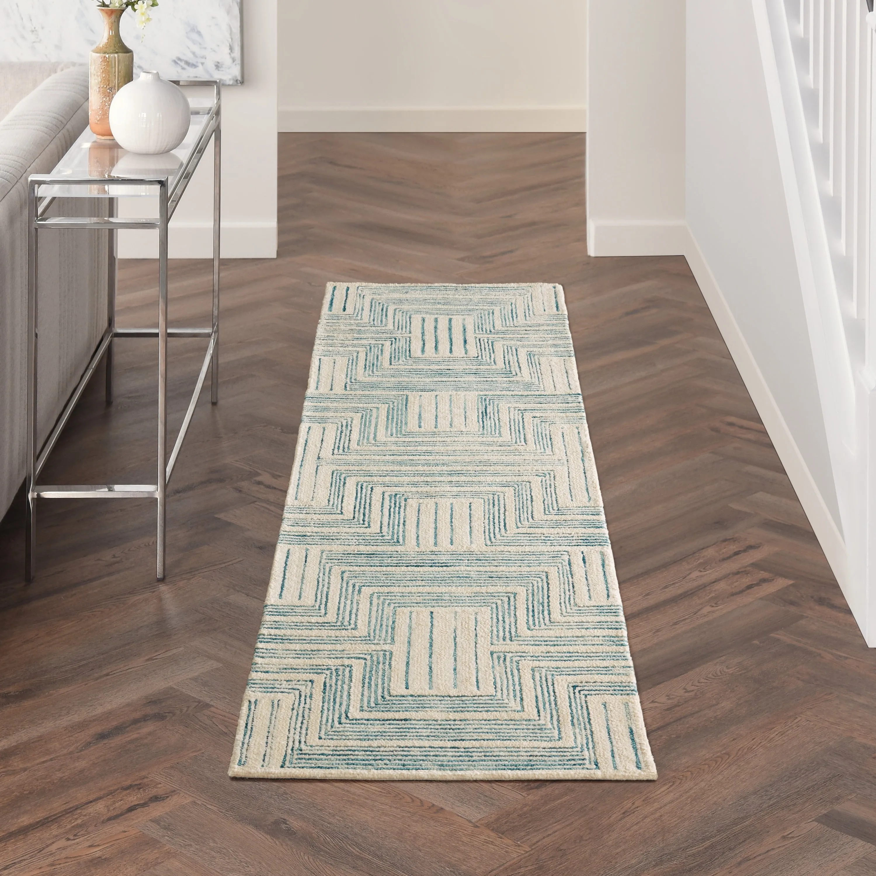 Nourison Linked Modern Geometric Ivory Turquoise Blue Area Rug
