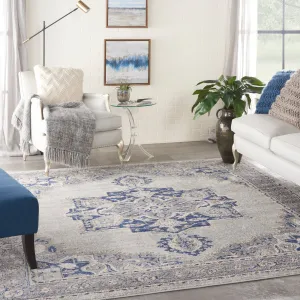 Nourison Tranquil Grey Navy Modern Persian Floral Medallion Area Rug