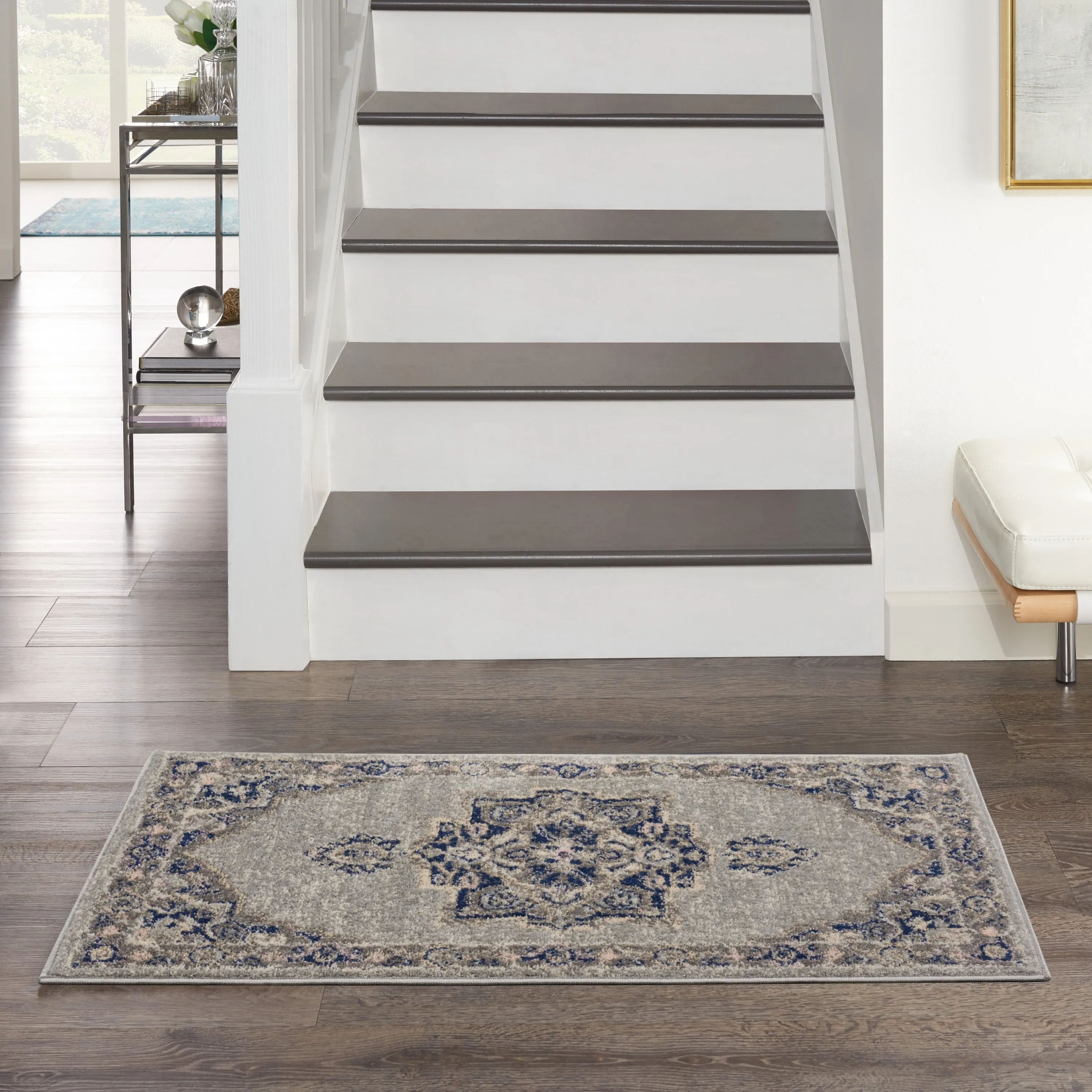 Nourison Tranquil Grey Navy Modern Persian Floral Medallion Area Rug