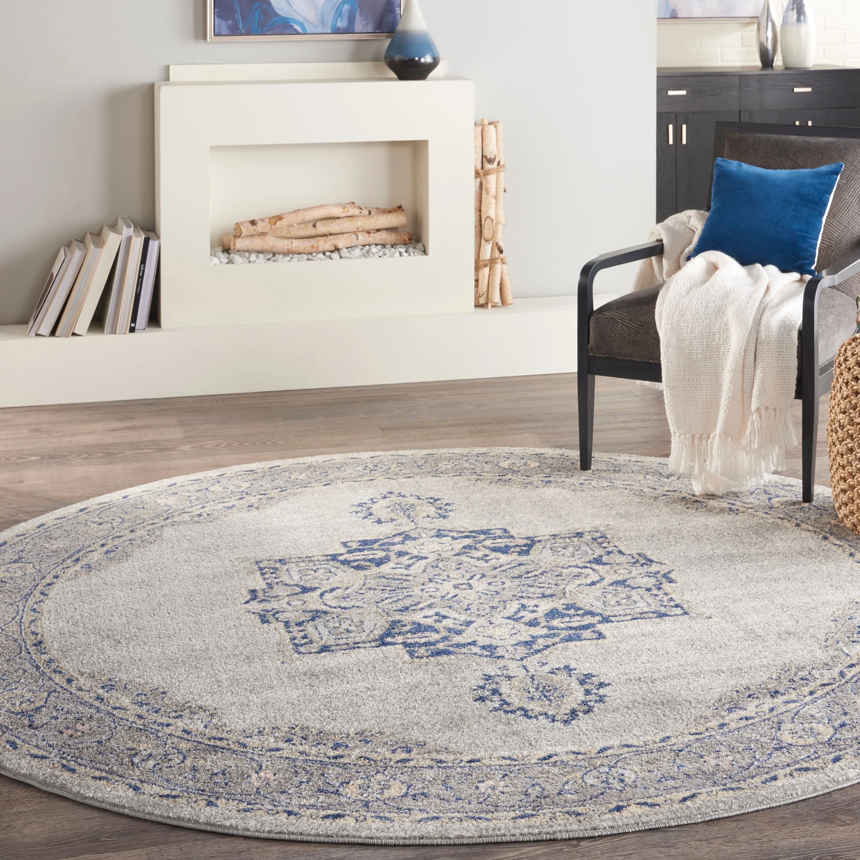 Nourison Tranquil Grey Navy Modern Persian Floral Medallion Area Rug