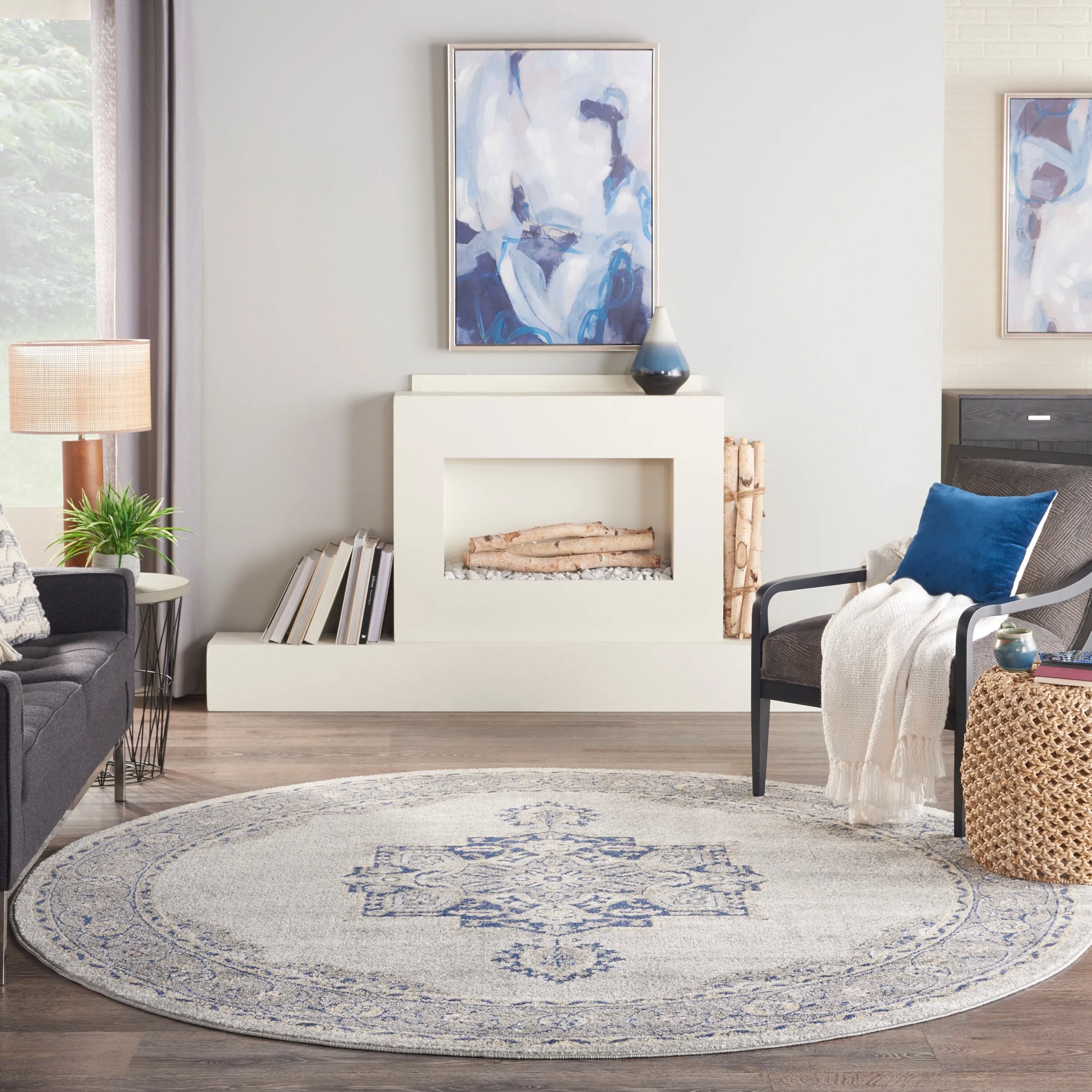 Nourison Tranquil Grey Navy Modern Persian Floral Medallion Area Rug