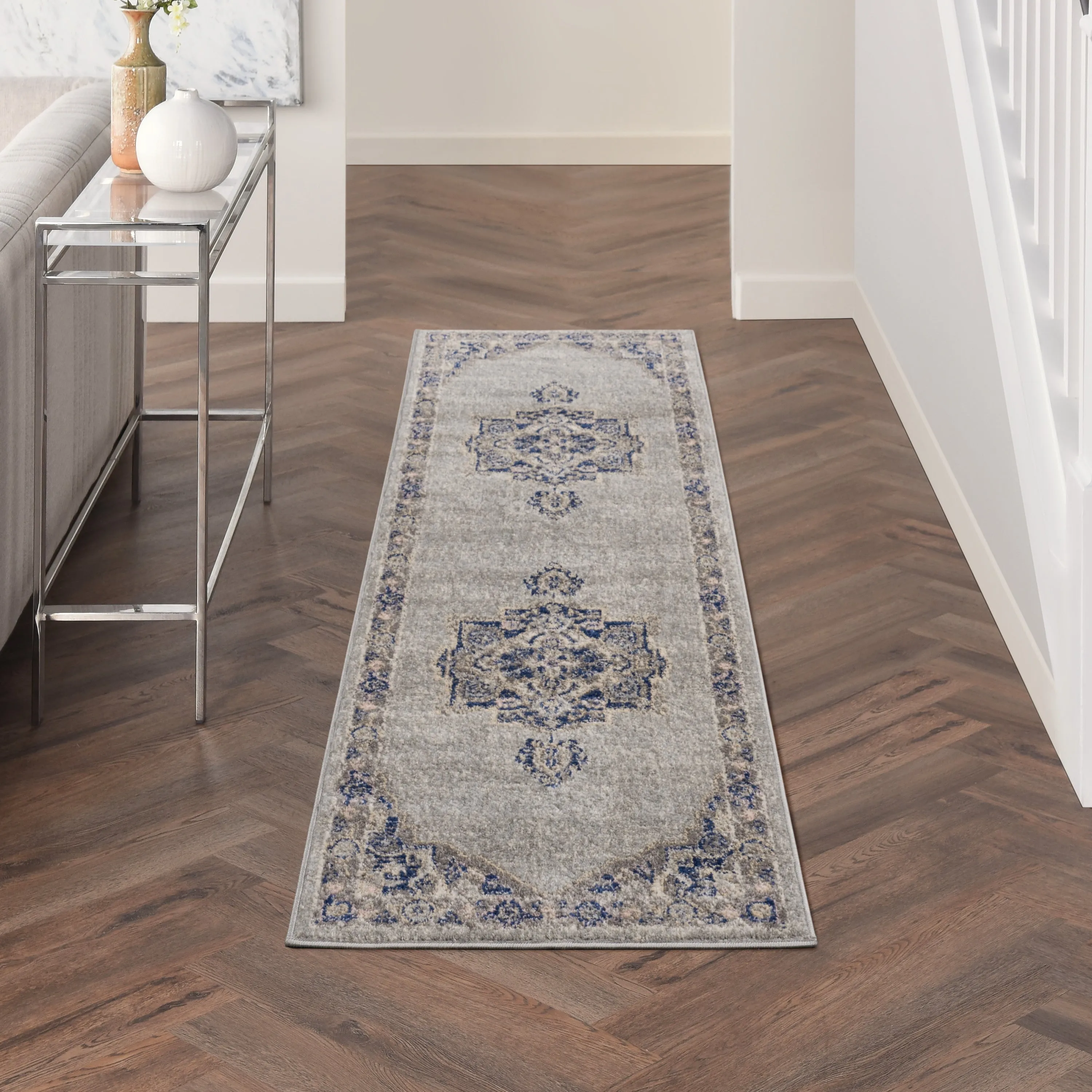 Nourison Tranquil Grey Navy Modern Persian Floral Medallion Area Rug