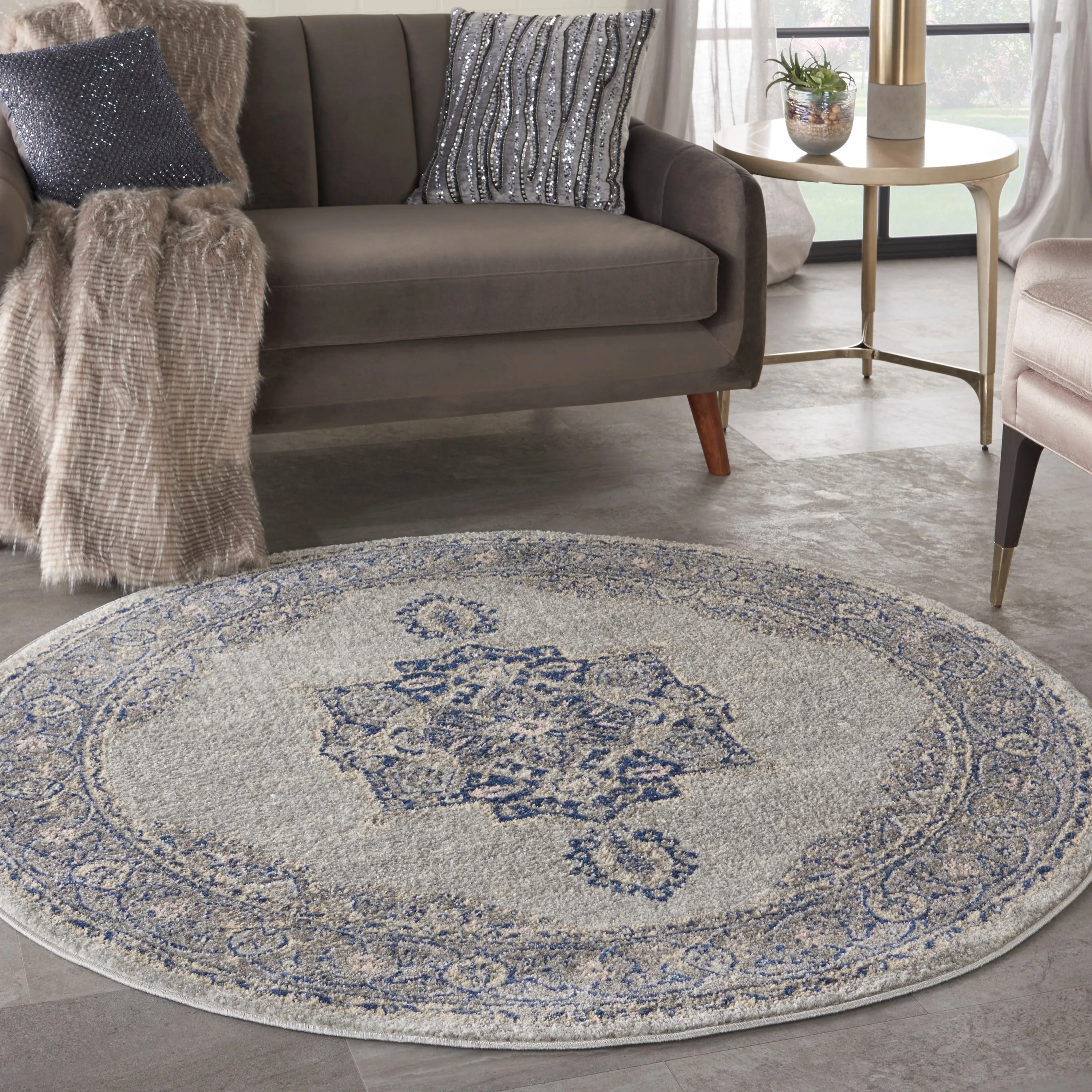 Nourison Tranquil Grey Navy Modern Persian Floral Medallion Area Rug