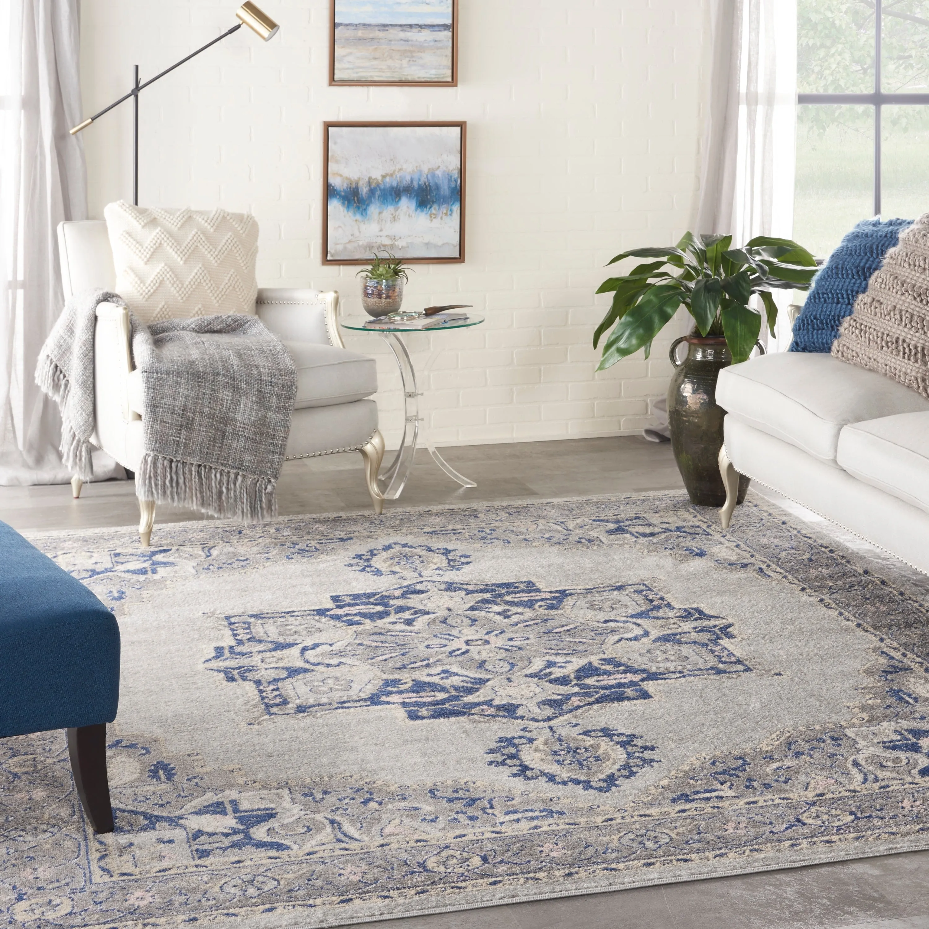 Nourison Tranquil Grey Navy Modern Persian Floral Medallion Area Rug